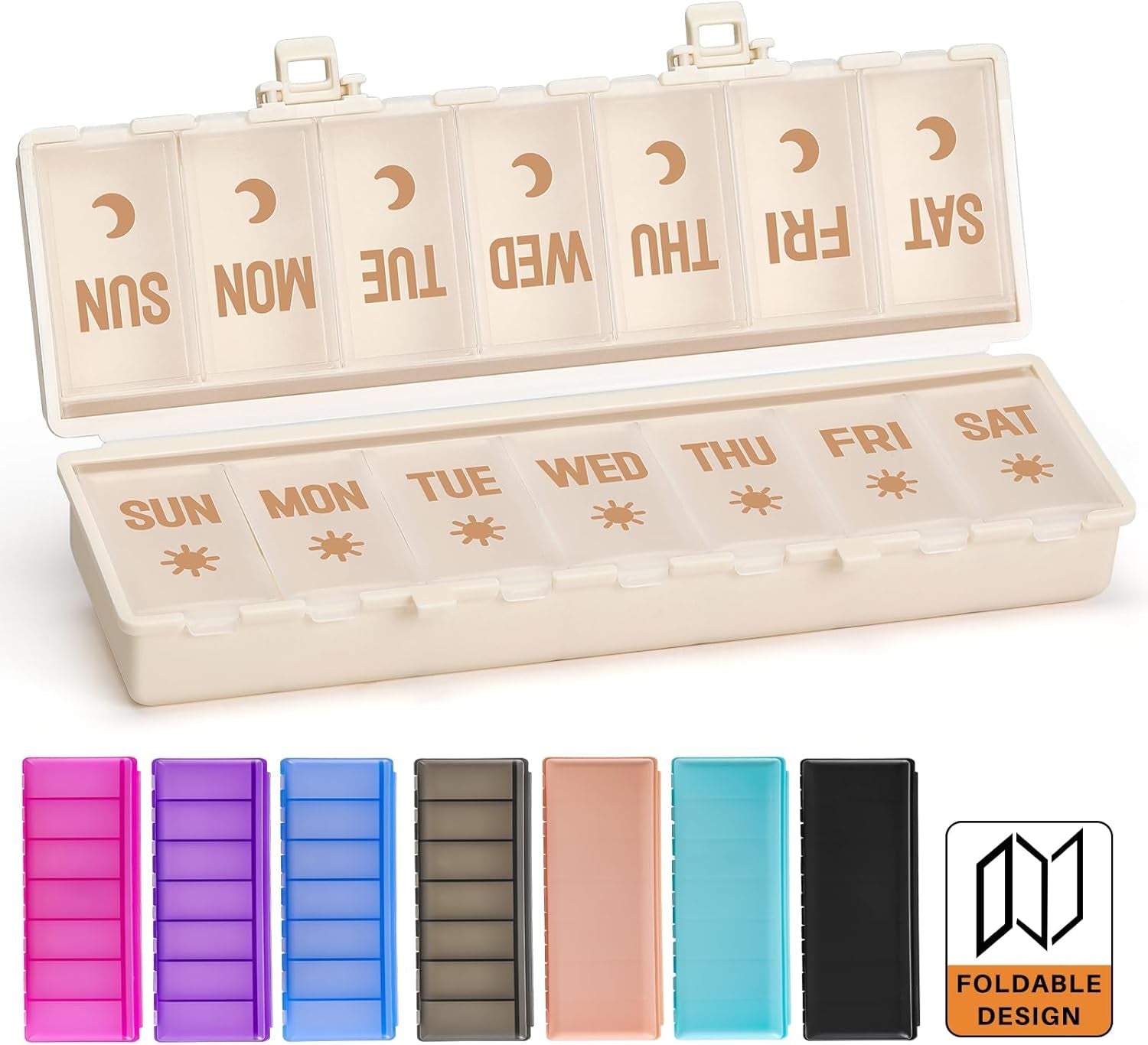 Foldable Pill Organizer 2 Times a Day W/Etched Labels -Dual Protection & Portable Weekly AM PM Pill Box, 7 Day Medicine Container, Large Travel Pill Case for Week Daily Supplement Vitamin - Khaki