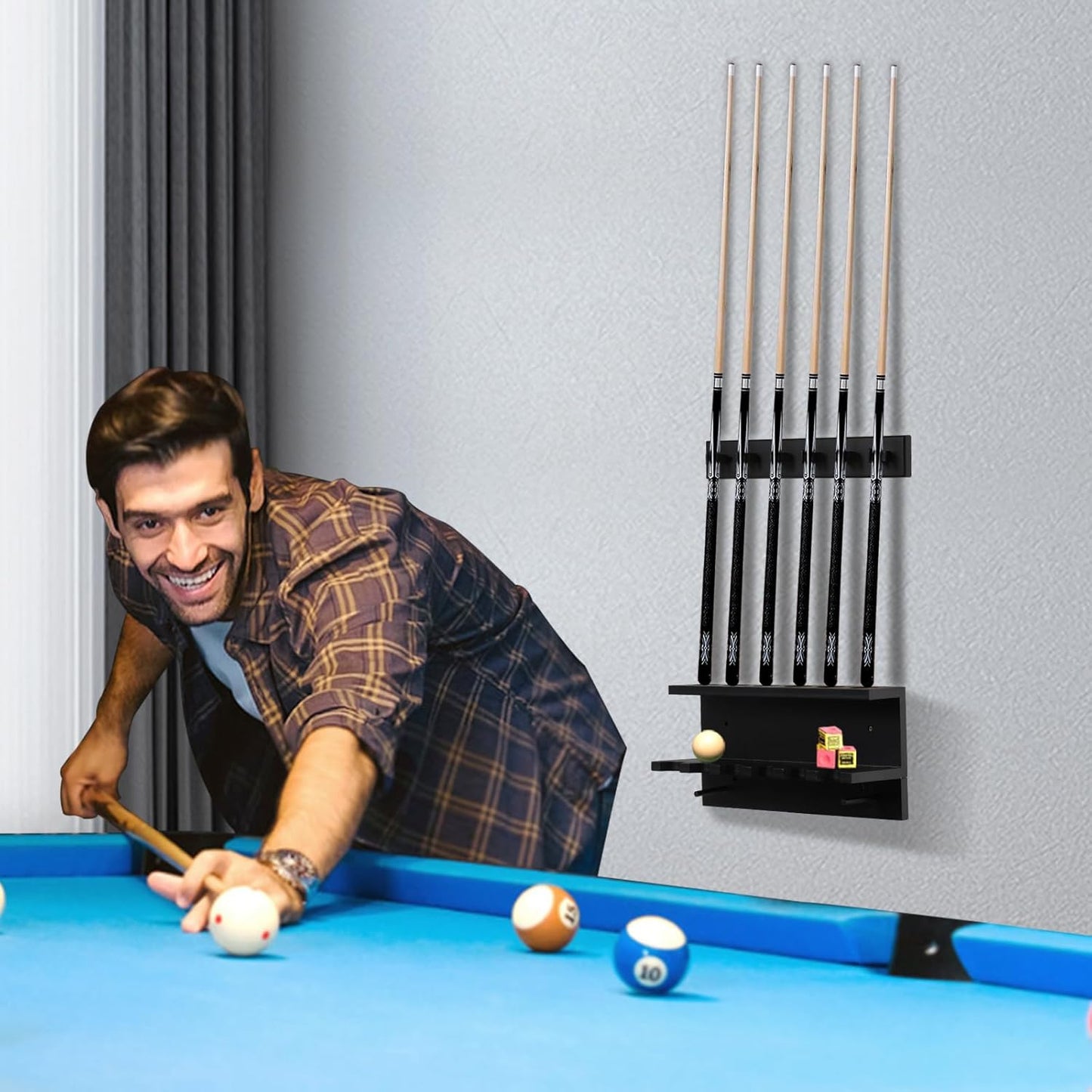 Pool Cue Holder Wall Mounted Pool Stick Holder Pool Table Accessories Pool Cue Rack for 6 Cues Stick Storage Billiards Set Wood