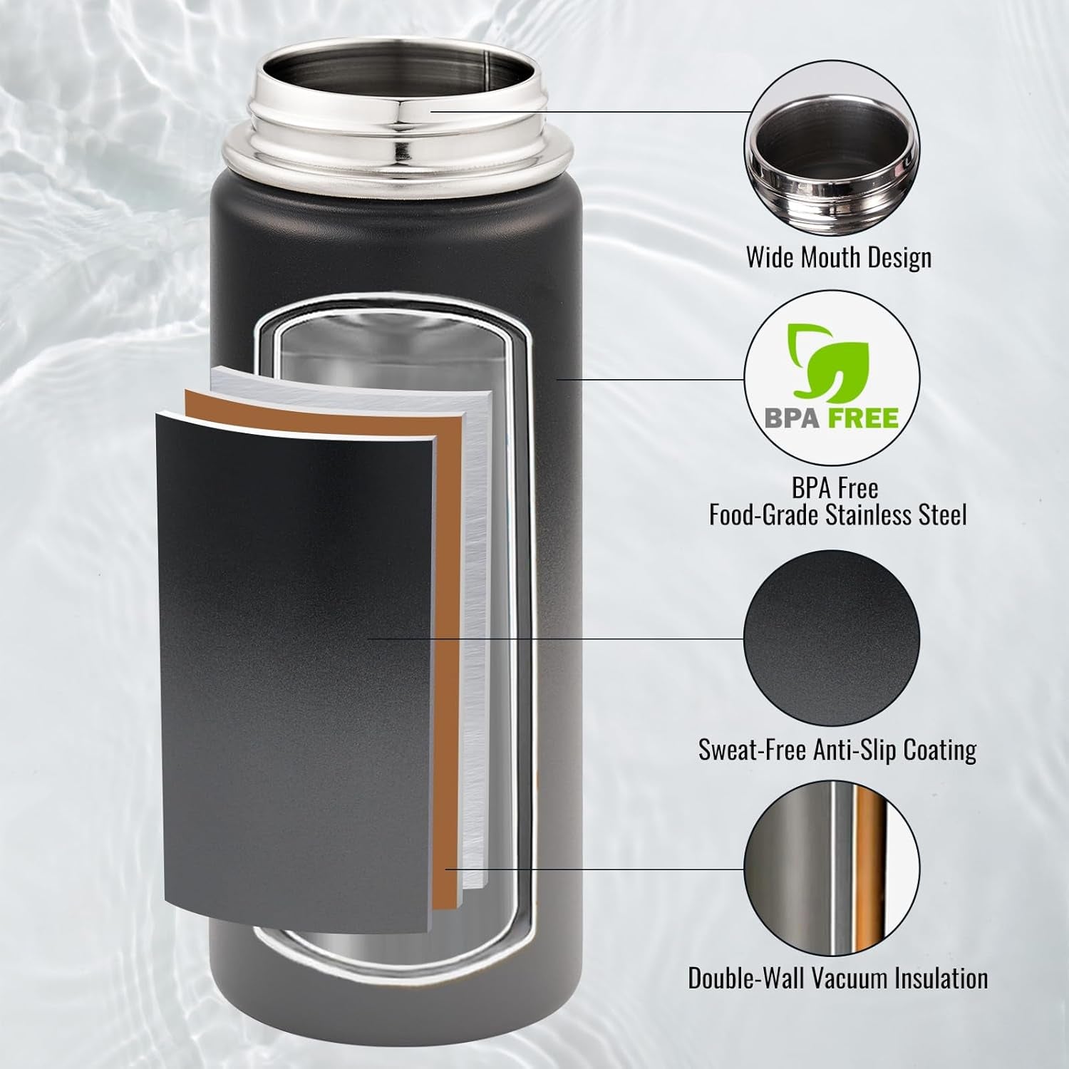 18 Oz Insulated Water Bottle with Handle, 304 Stainless Steel Water Bottles with Wide Mouth, Double Wall Vacuum Sports Water Bottle, BPA Free, Keep Cold and Hot, Black/Gray