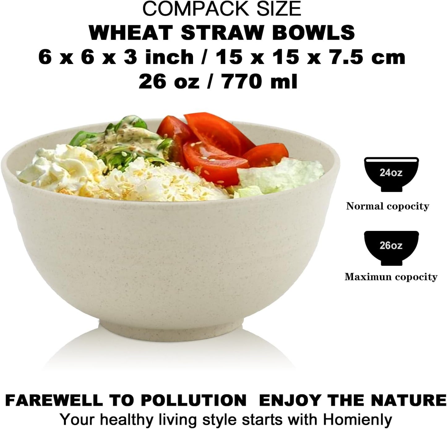 Wheat Straw Bowls Set of 8 - Durable, Lightweight Cereal Bowls, Microwave and Dishwasher Safe for Versatile Kitchen and Camping Use (Beige, 26 OZ)