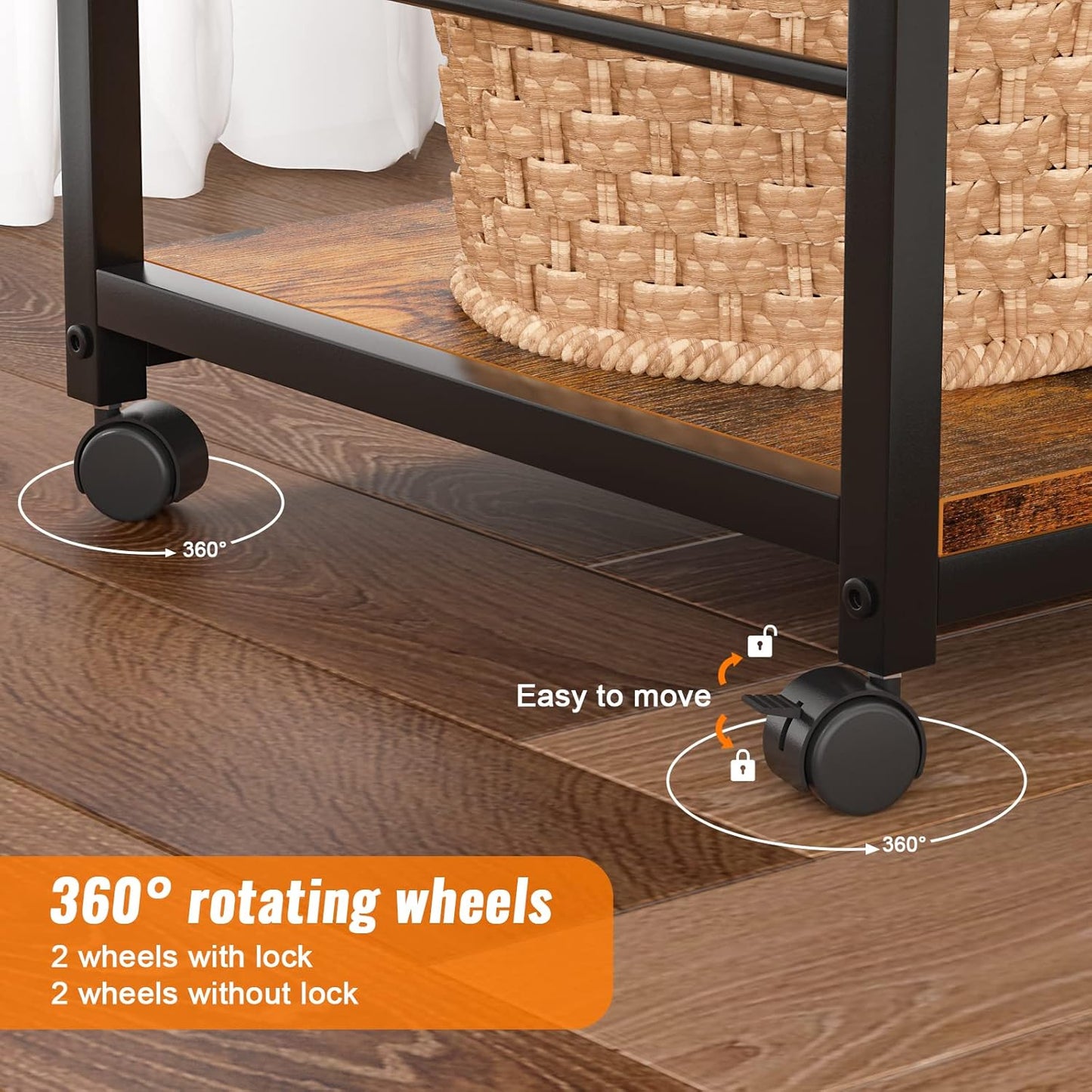 3 Tier Printer Stand for Home Office Organization, Mobile Printer Cart with Wheels and 2 Hooks, under Desk Shelf with Storage, for Living Room, Kitchen, Rustic Brown