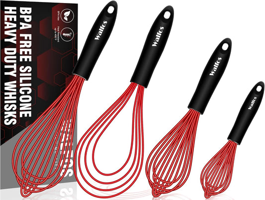 Whisk,Silicone Whisks 11'' Flat Whisk and 7''+9''+11'' Balloon Wisk Set for Blending Beating Stirring and Kitchen Cooking.Bpa Free and Heat Resistant 480°F.Red