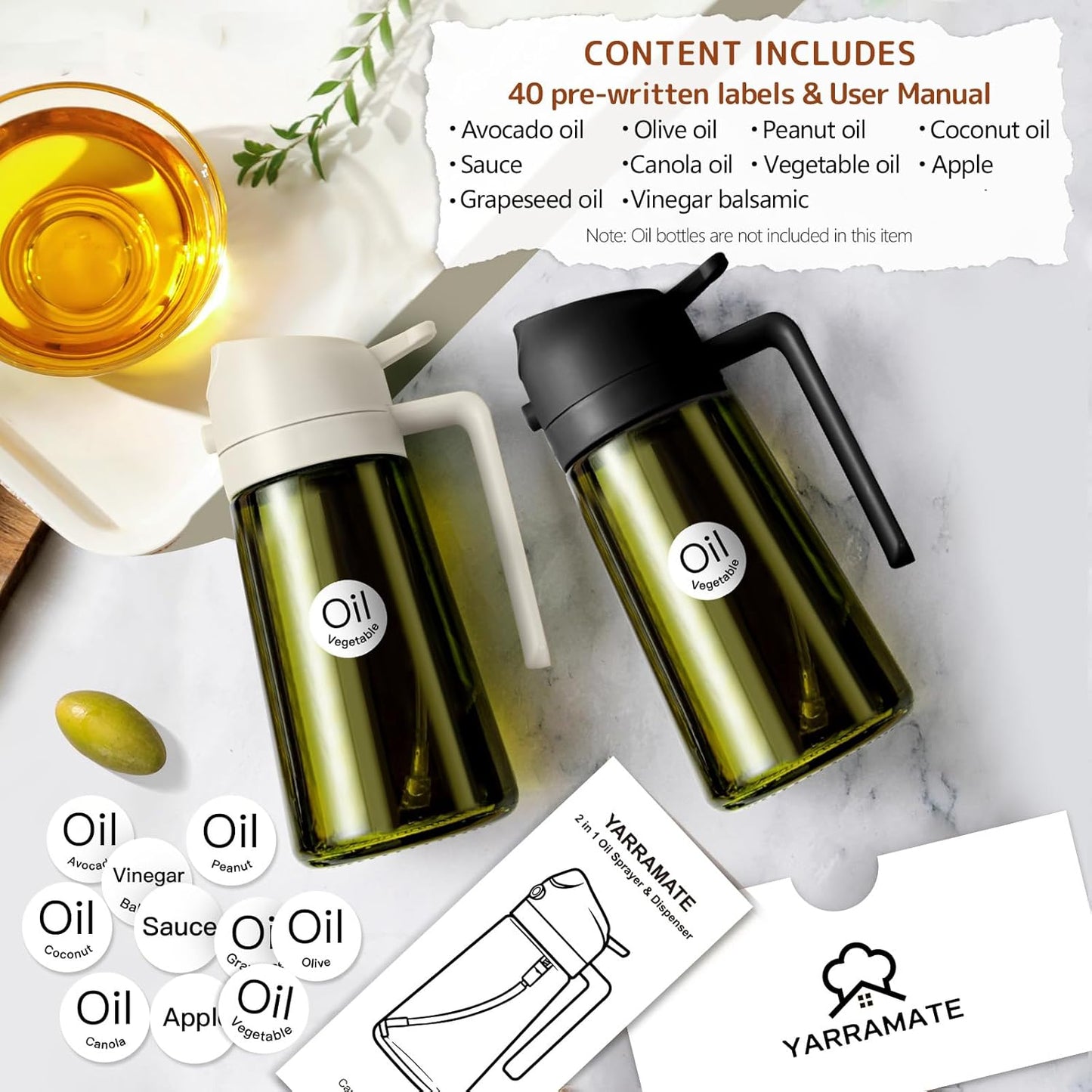 20 Labels for Oil Dispenser & Installation Guide, Stickers for Olive Oil, Sauce, and More