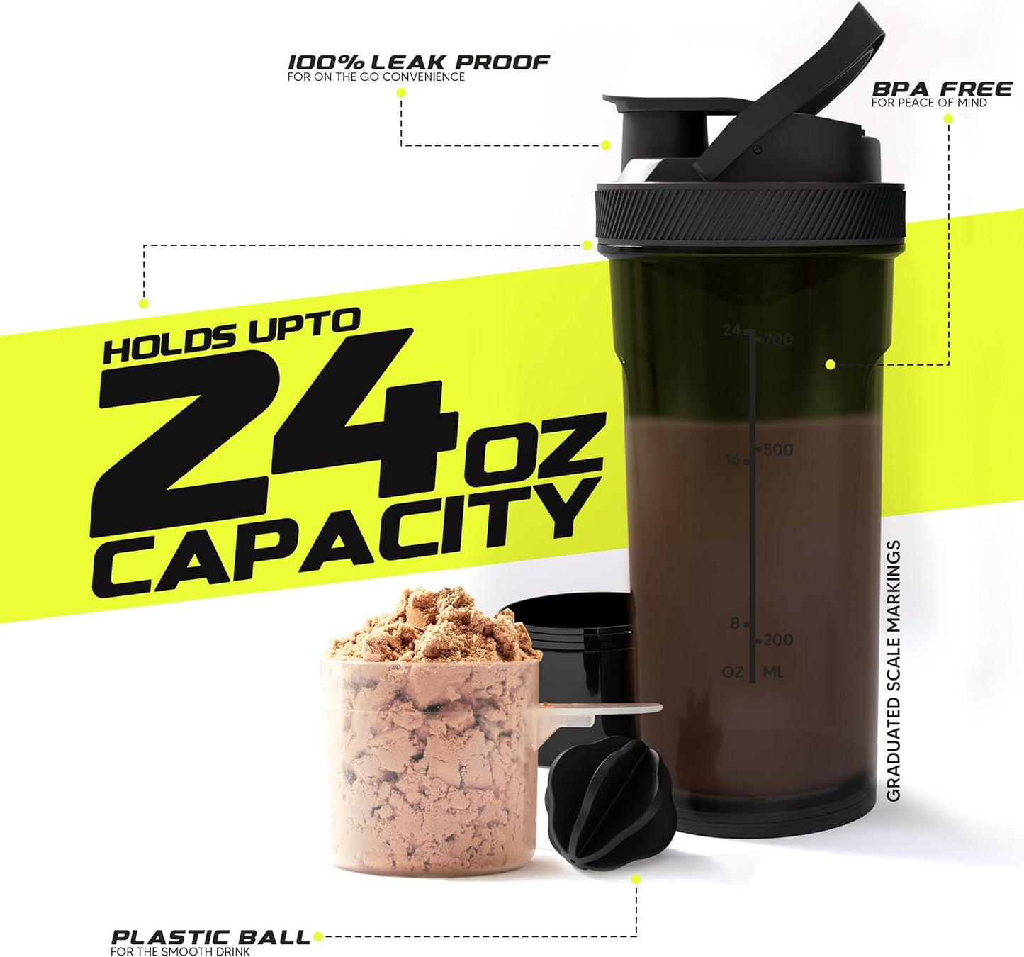 Shaker Bottle 2 Pack - 24 Ounce Plastic Protein or Cocktail Shaker Bottle for Pre & Post Workout with Twist & Lock Protein Box Storage (All Black & Clear/Black)
