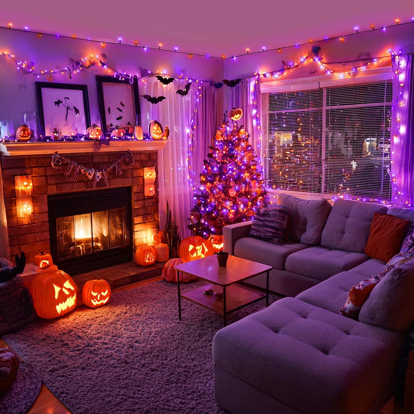 Orange and Purple Halloween Lights: 132Ft 400 LED String Lights Plug in - Halloween Lights Indoor Outdoor for Yard Tree Porch
