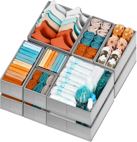 Drawer Organizer Clothes 12 Pack -Dresser Organizer Bins for Closet Bedroom - Baby Clothes Organizers and Storage for Nursery Organization -Drawer Organizer Divider for Sock Underwear-Grey