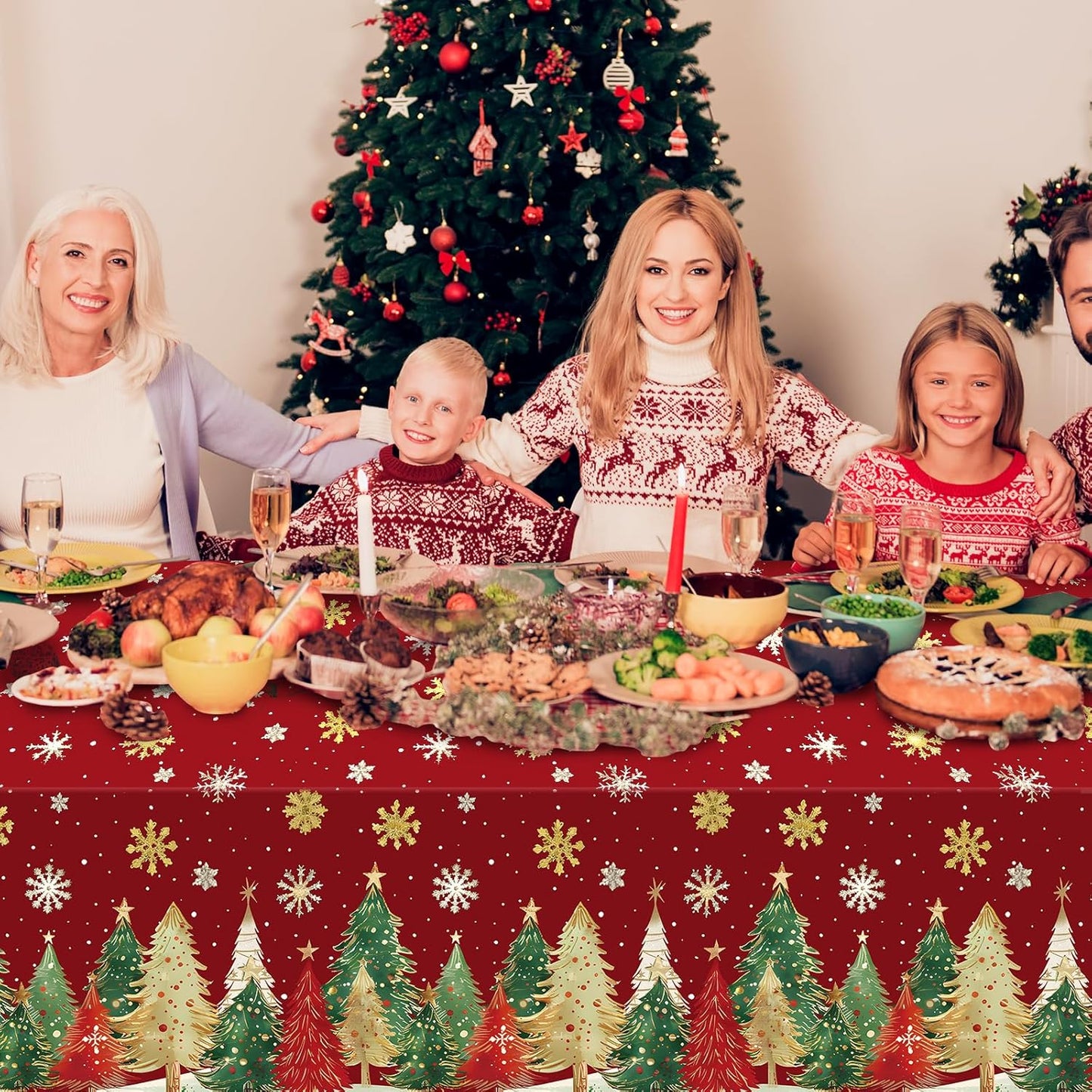 3Pcs Christmas Disposable Tablecloths Rectangle,Christmas Trees Red Plastic Table Cloth,Waterproof Winter Snowflakes Table Cover for Xmas Holiday Home Dinner Party Decorations,54 X 108 Inch