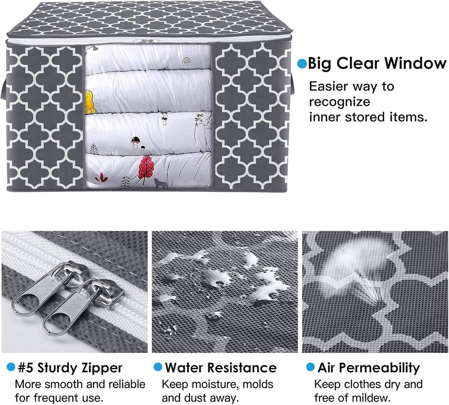 Storage Bags, Large Blanket Clothes Organization and Storage Containers for Bedding, Comforters, Foldable Organizer with Reinforced Handle, Clear Window,Sturdy Zippers,(Grey, 2 X 100L)