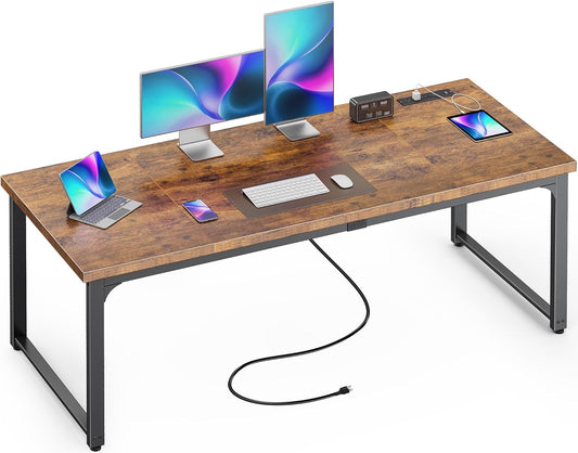 63 x 24 Inch Heavy-Duty Computer Desk with Power Outlets & USB-C, Enhanced Desktop Thickness, Sturdy Metal Frame, Ideal for Home Office and Gaming, Rustic Brown Finish