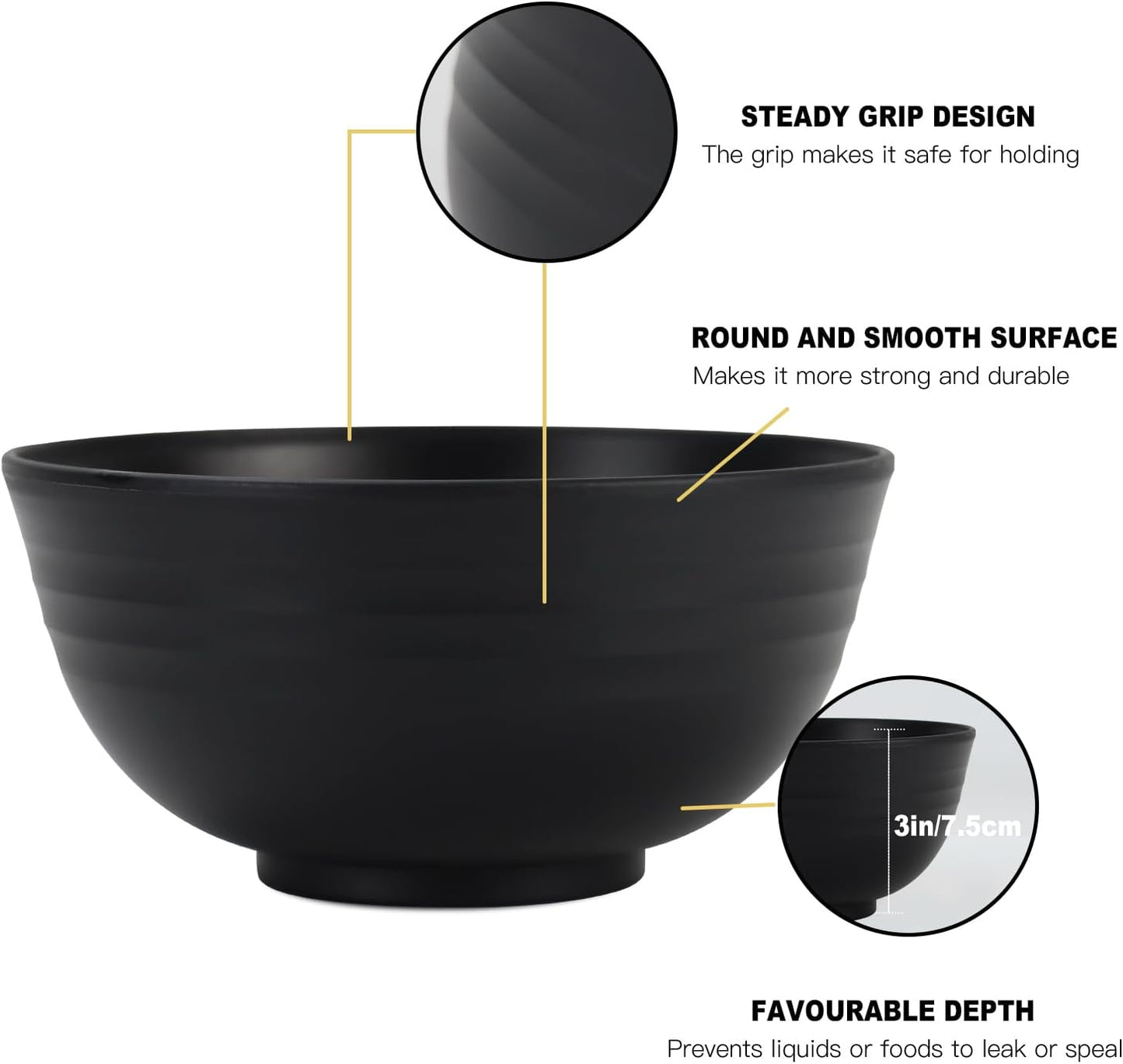 Cereal Bowl Set of 8 - Unbreakable Lightweight Wheat Straw Bowls for Kitchen, Microwave and Dishwasher Safe, Ideal for Serving Cereal, Snacks, and Fruits (Black, 26 OZ)