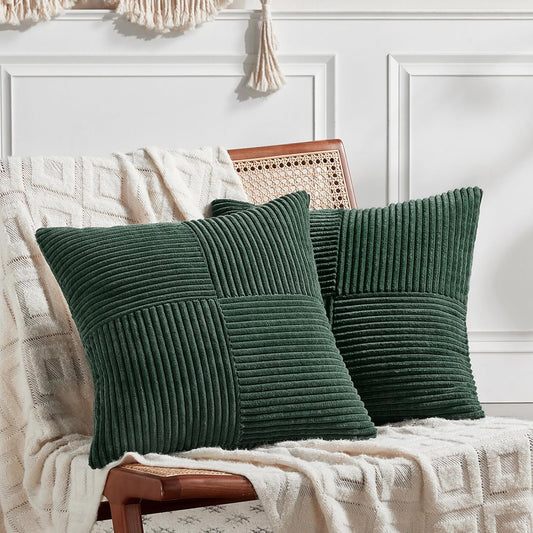 Set of 2 Dark Green Boho Decorative Throw Pillow Covers 18X18 Inch for Living Room Couch Bed, Modern Farmhouse Forest Green Home Decor, Soft Textured Corduroy Corss Patchwork Cushion Case