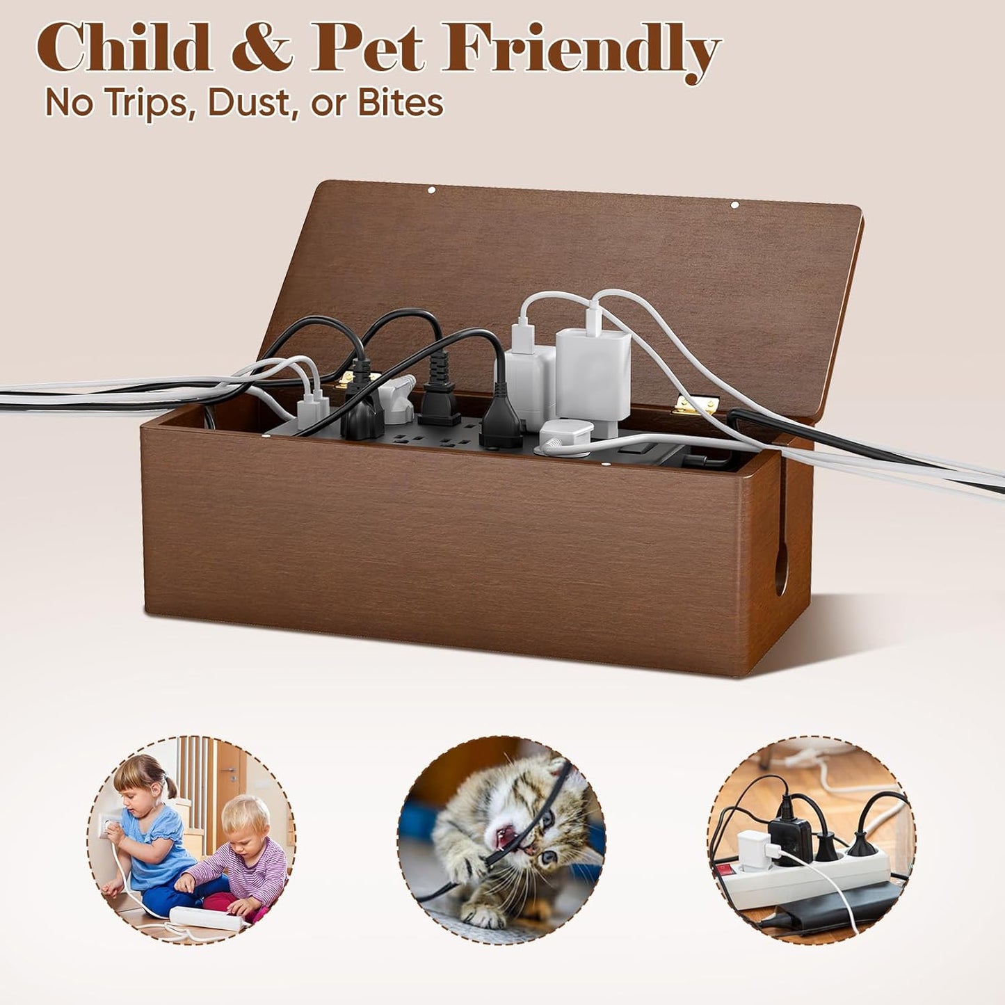 Cable Management Wooden Box with Magnetic Lid, Duty Cord Organizer Power Strip Hider Cover with Ventilation for Desk, Floor, Home Office, Baby-Pets Safe Storage Solution