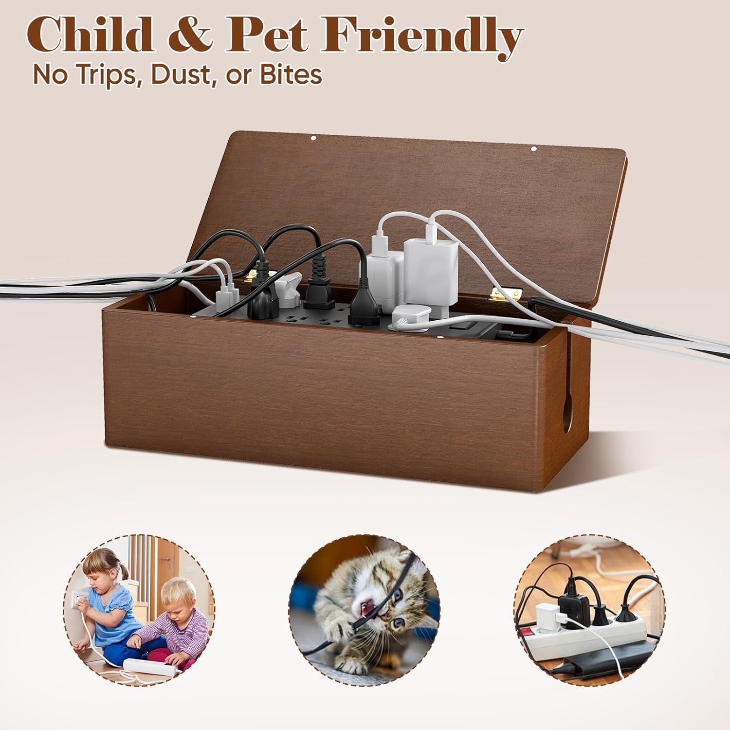 Cable Management Wooden Box with Magnetic Lid, Duty Cord Organizer Power Strip Hider Cover with Ventilation for Desk, Floor, Home Office, Baby-Pets Safe Storage Solution