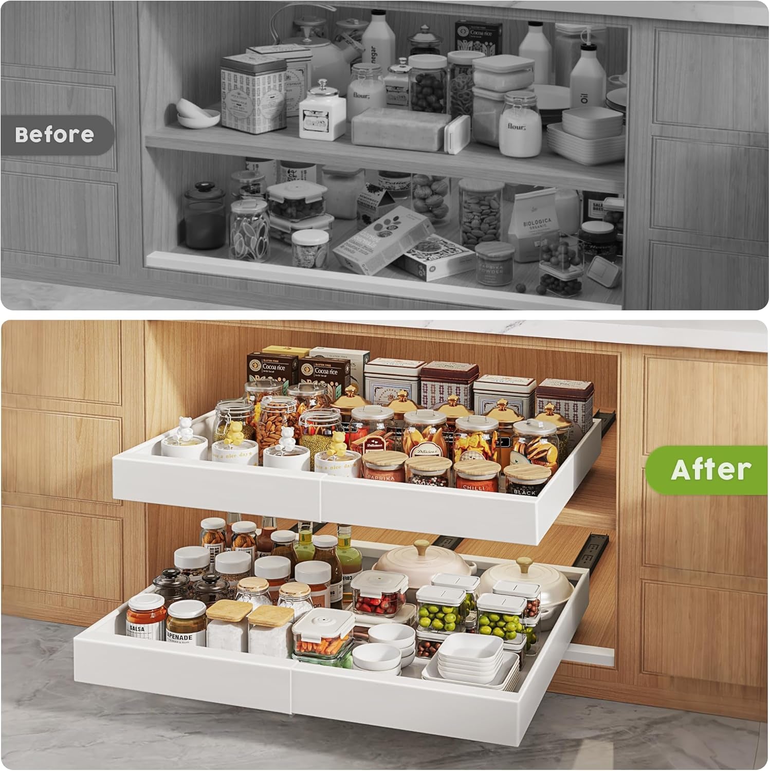 2-Pack 21" Deep Pull-Out Cabinet Organizers with Raising Pad for Framed Cabinets, Expandable Slide-Out Drawers with 3 Slide Rails, Adhesive Roll-Out Shelves, Adjustable Width 12"-20.45", White