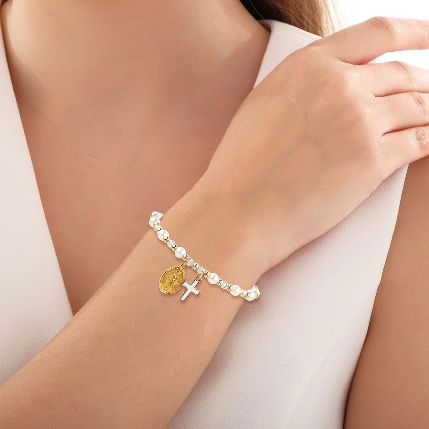 Christmas Gifts Pearl Cross Bracelet for Girls - First Communion, Baptism, Easter, Little Girl Gifts for Daughter Granddaughter Godchild-Gold Adjustable with Blessing Card Cross Bracelet