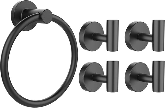 Towel Holder for Bathroom Wall Matte Black Towel Ring & 4 Packs Towel Hooks for Bathrooms 304 Stainless Steel Bathroom Shower Towel Hook