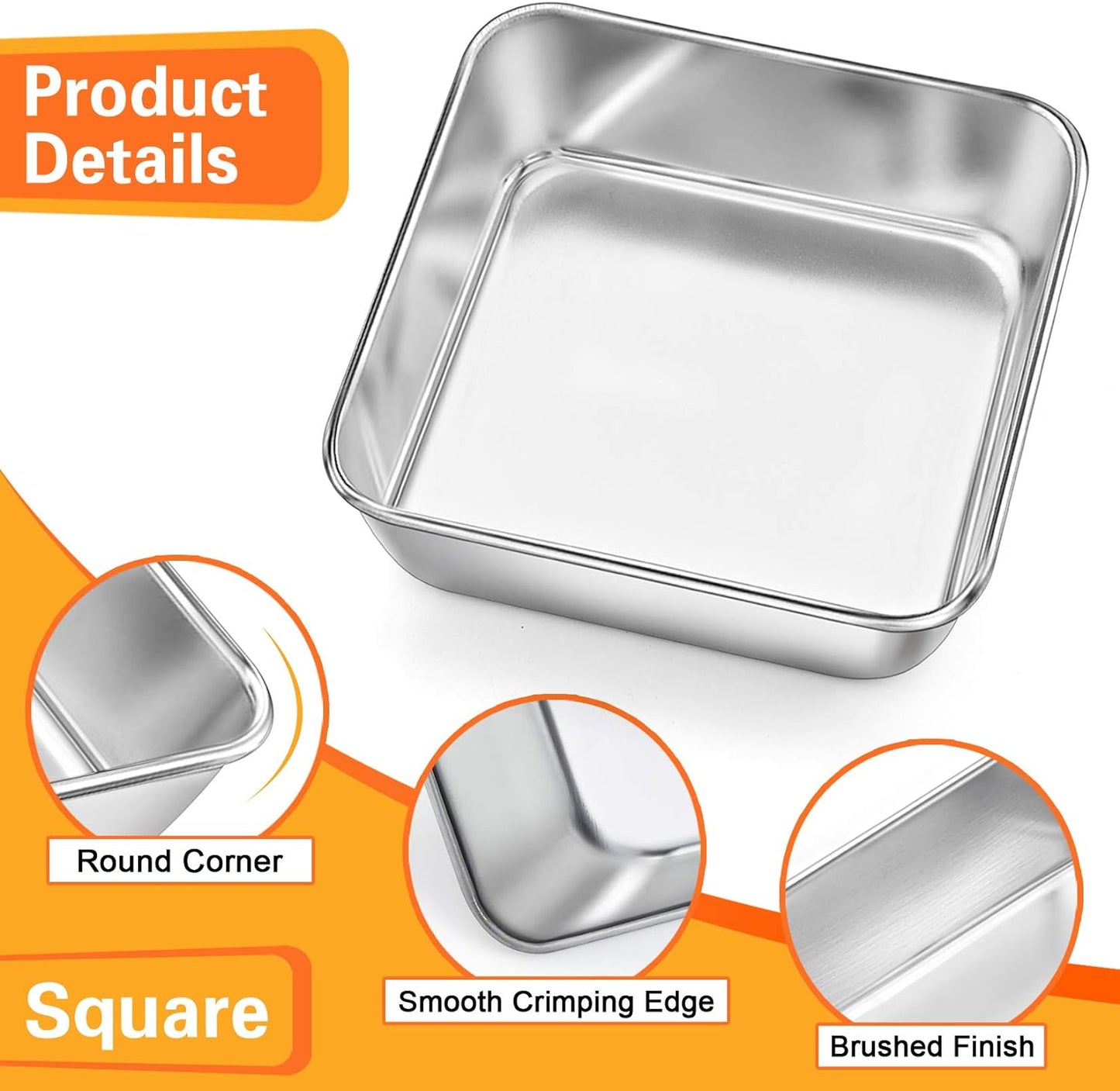 Square Baking Cake Pans, Small Stainless Steel Lasagna Brownie Pan for Birthday Cake Bread Pie, Non-Toxic & Durable, Smooth Rim & Leakproof, Oven & Dishwasher Safe, 6 Inch & 4 Pcs