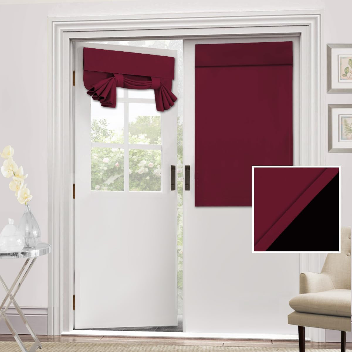 100% Blackout French Door Curtain Privacy Light Blocking Curtain for Sliding Glass Door Thermal Insulated Tie up Shade, 26X40 Inches, 1 Panel, Burgundy