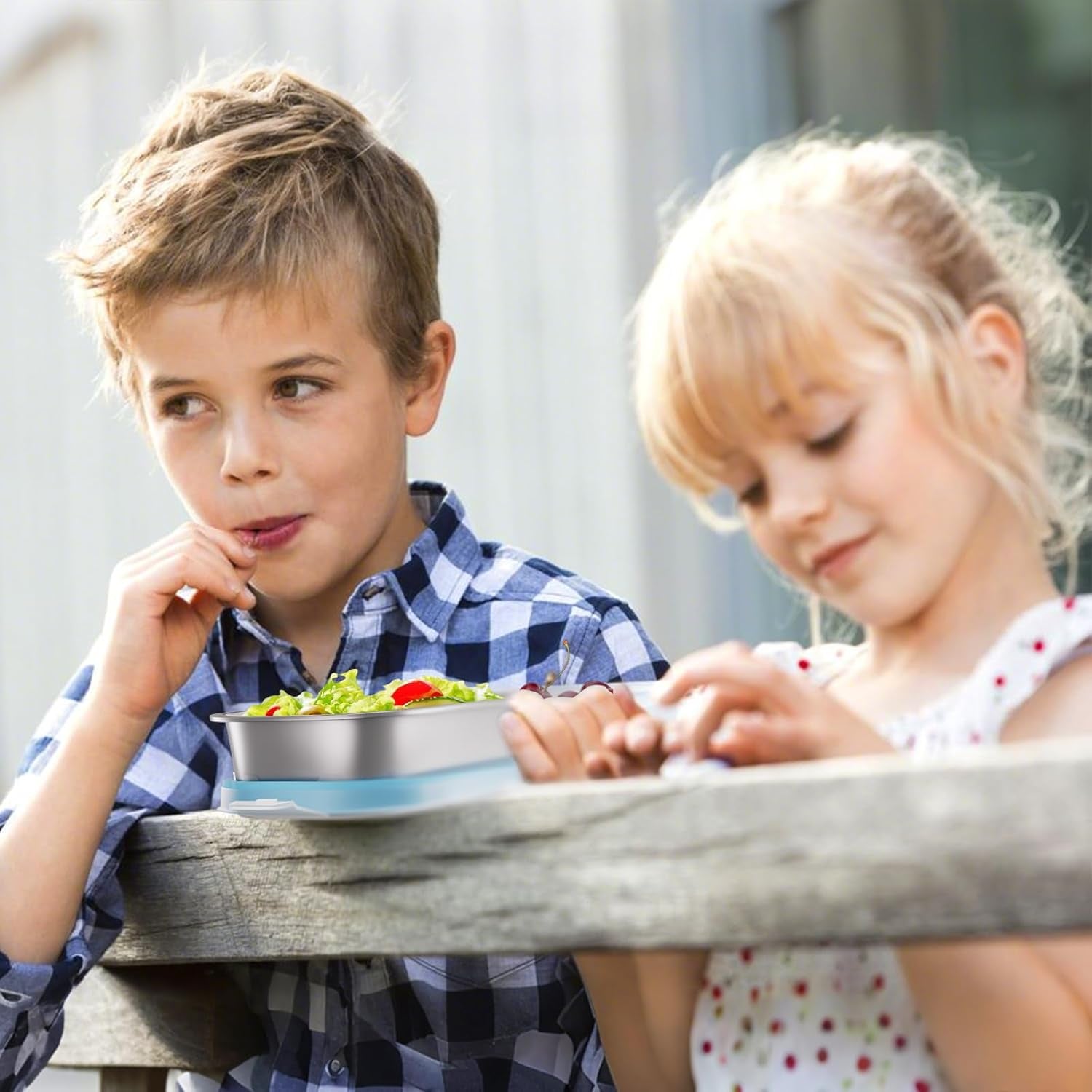 Stainless Steel Snack Containers for Kids Adults, 2 Pack 2 Compartment Metal Snack Containers Box with Lid, Reusable Food Storage Container, Leak Proof, Grab and Go, Blue