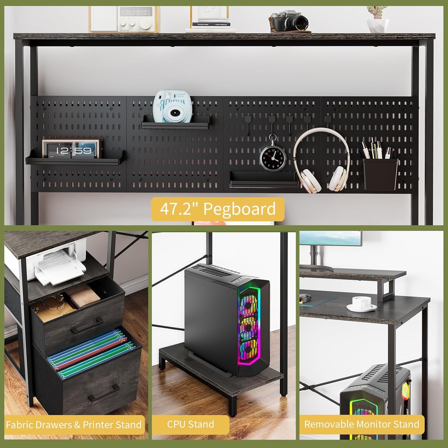 L Shaped Gaming Desk with Pegboard, Reversible Computer Desk with Drawers & Storage Shelves, LED Lights & Power Outlets, Office Desk with Monitor Stand Corner Desk Home Office Desks