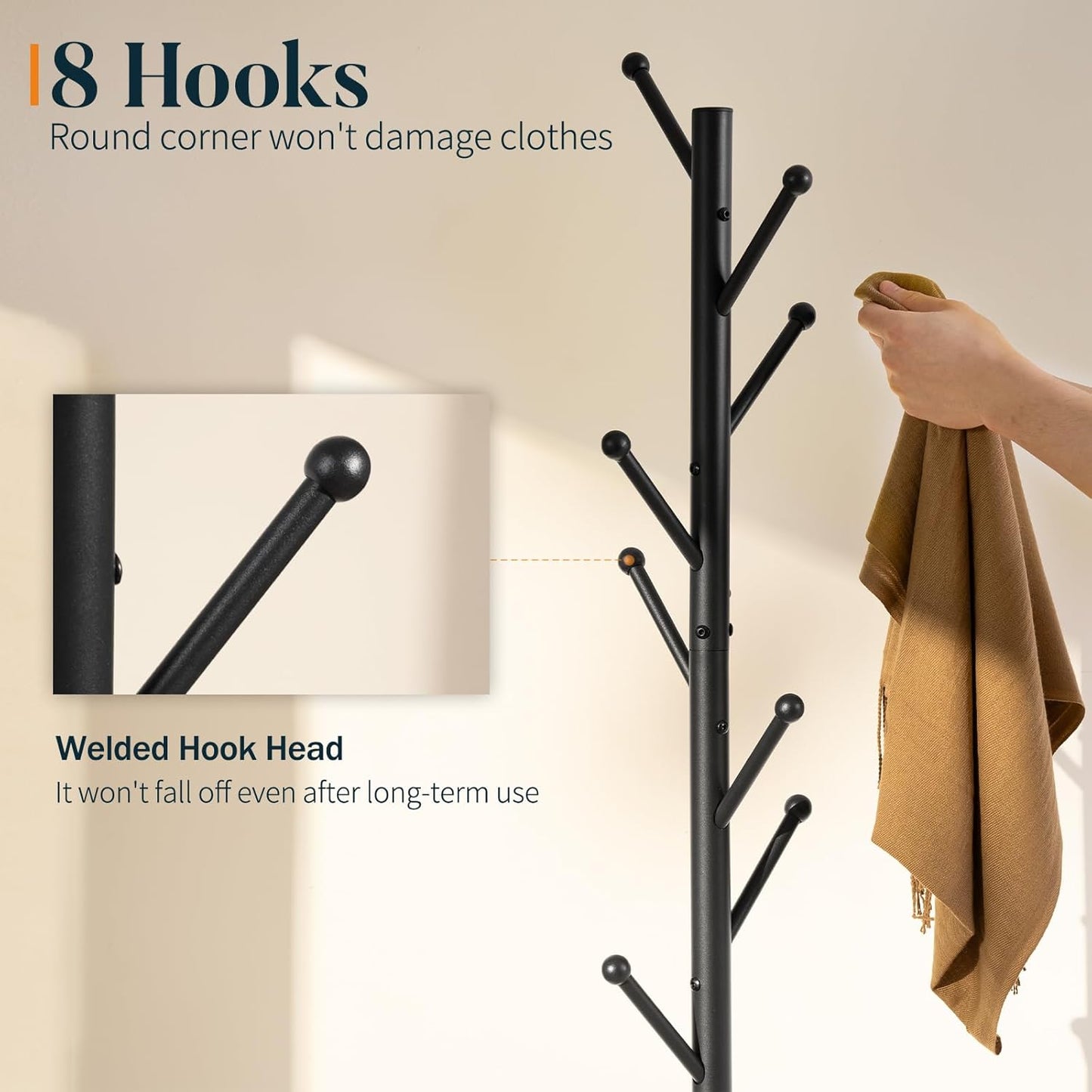 Coat Rack Freestanding with Natural Marble Base, Coat Tree with 8 Hooks Heavy Duty Coat Hanger Stand, Metal Coat Rack Stand for Jacket, Hat, Clothes & Bag, Hall Tree Hat Rack for Entryway