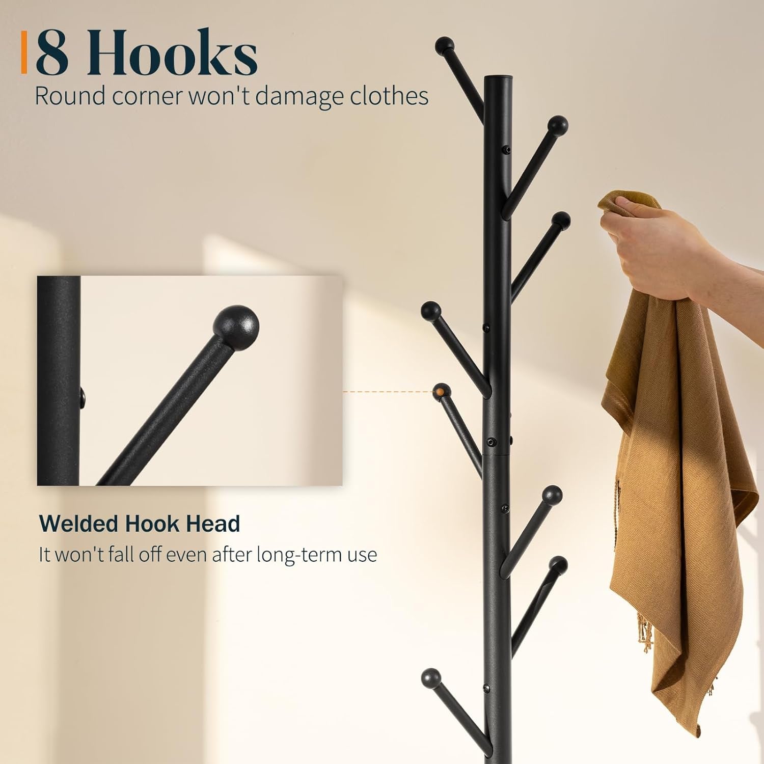 Coat Rack Freestanding with Natural Marble Base, Coat Tree with 8 Hooks Heavy Duty Coat Hanger Stand, Metal Coat Rack Stand for Jacket, Hat, Clothes & Bag, Hall Tree Hat Rack for Entryway