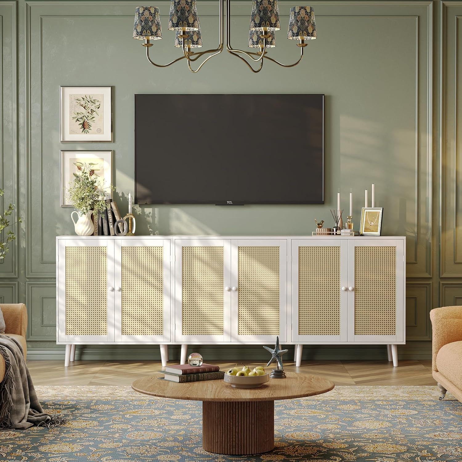 Buffet Cabinet with Storage and PE Rattan Decorative Doors, Featuring Solid Wood Legs for Hallway, Entryway, and Living Room - White Finish