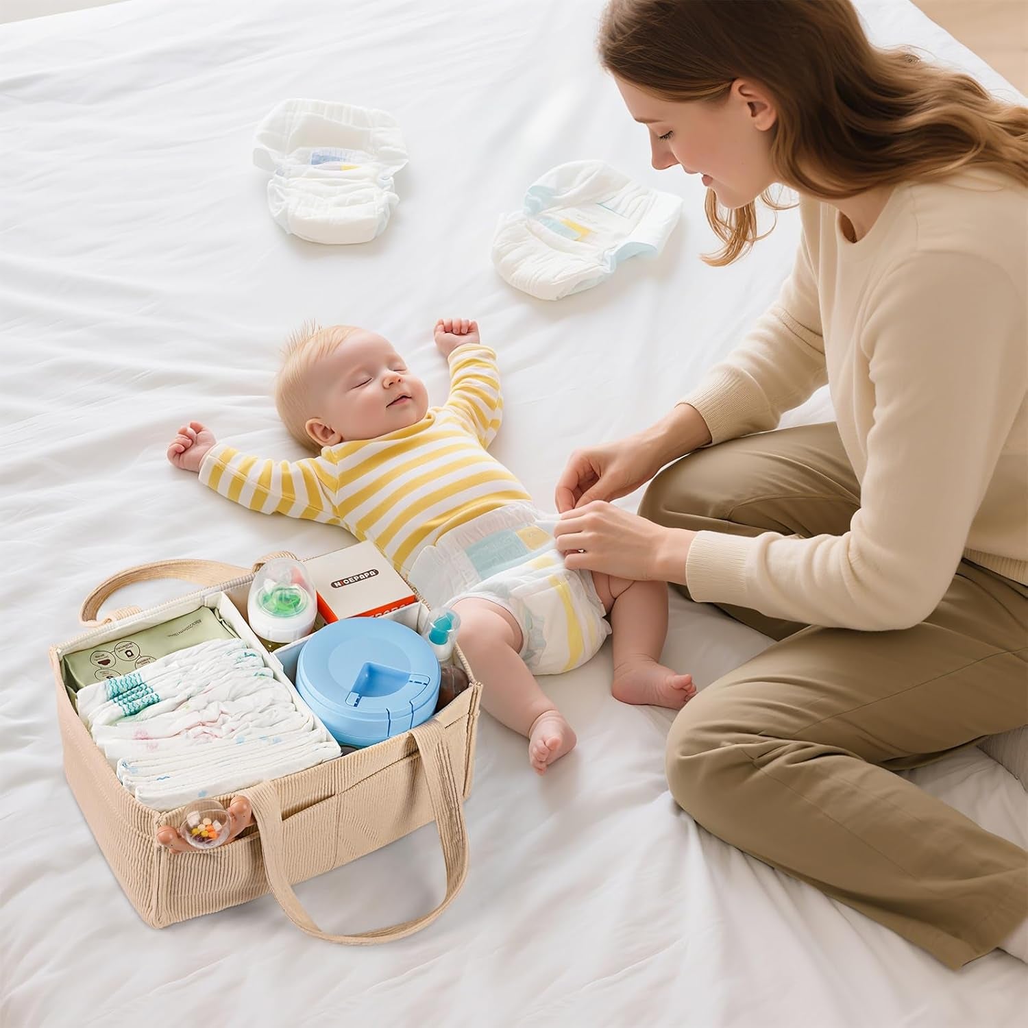 Baby Diaper Caddy Organizer - Portable Nursery Storage Basket for Newborn Essentials, Foldable Diaper Bag Organizer for Baby Shower Gifts and Registry Must-Haves, Car Organizer with Dividers (Brown)