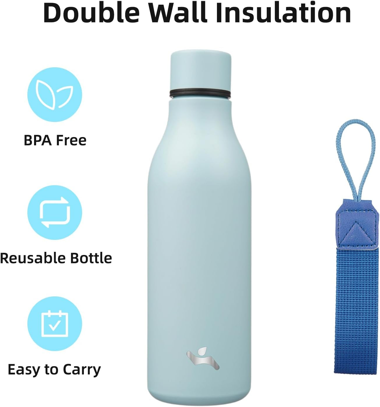 Insulated Water Bottle with Strap,18 Oz Double Wall Stainless Steel Vacuum Bottles Metal Water Flask,Ice Blue
