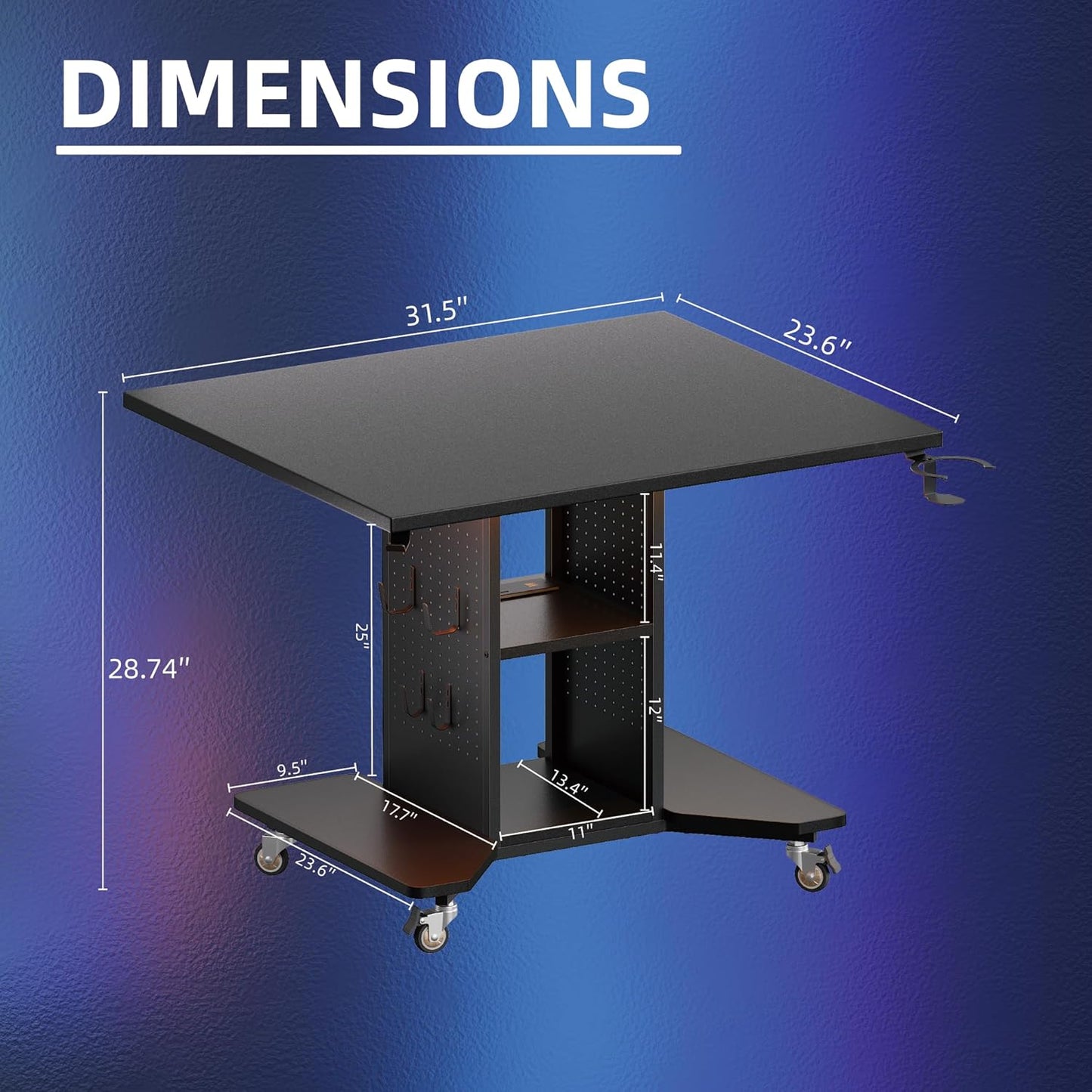 Small Rolling Gaming Desk with Led Lights Power Outlets and Storage Pegboard, Small Spaces Compact PC Computer Table Balck