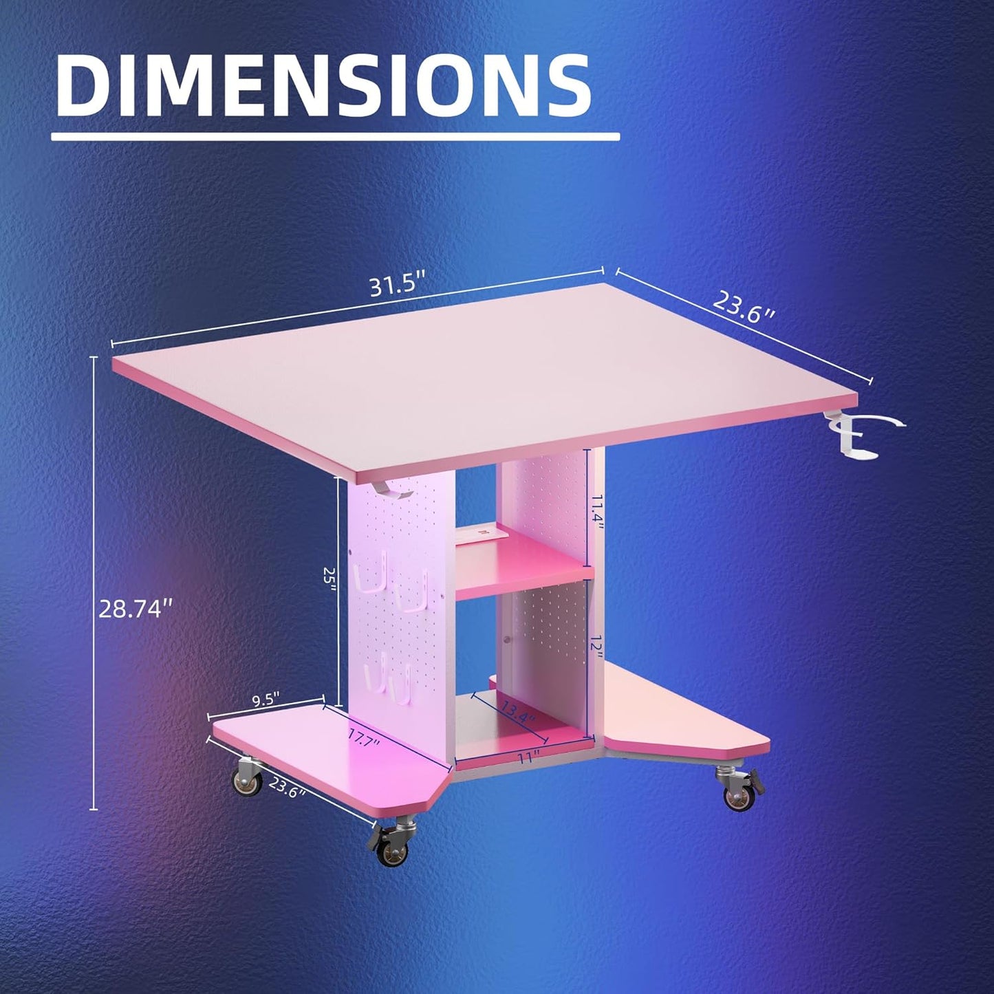 Small Rolling Gaming Desk with Led Lights Power Outlets and Storage Pegboard, Small Spaces Compact PC Computer Table Pink