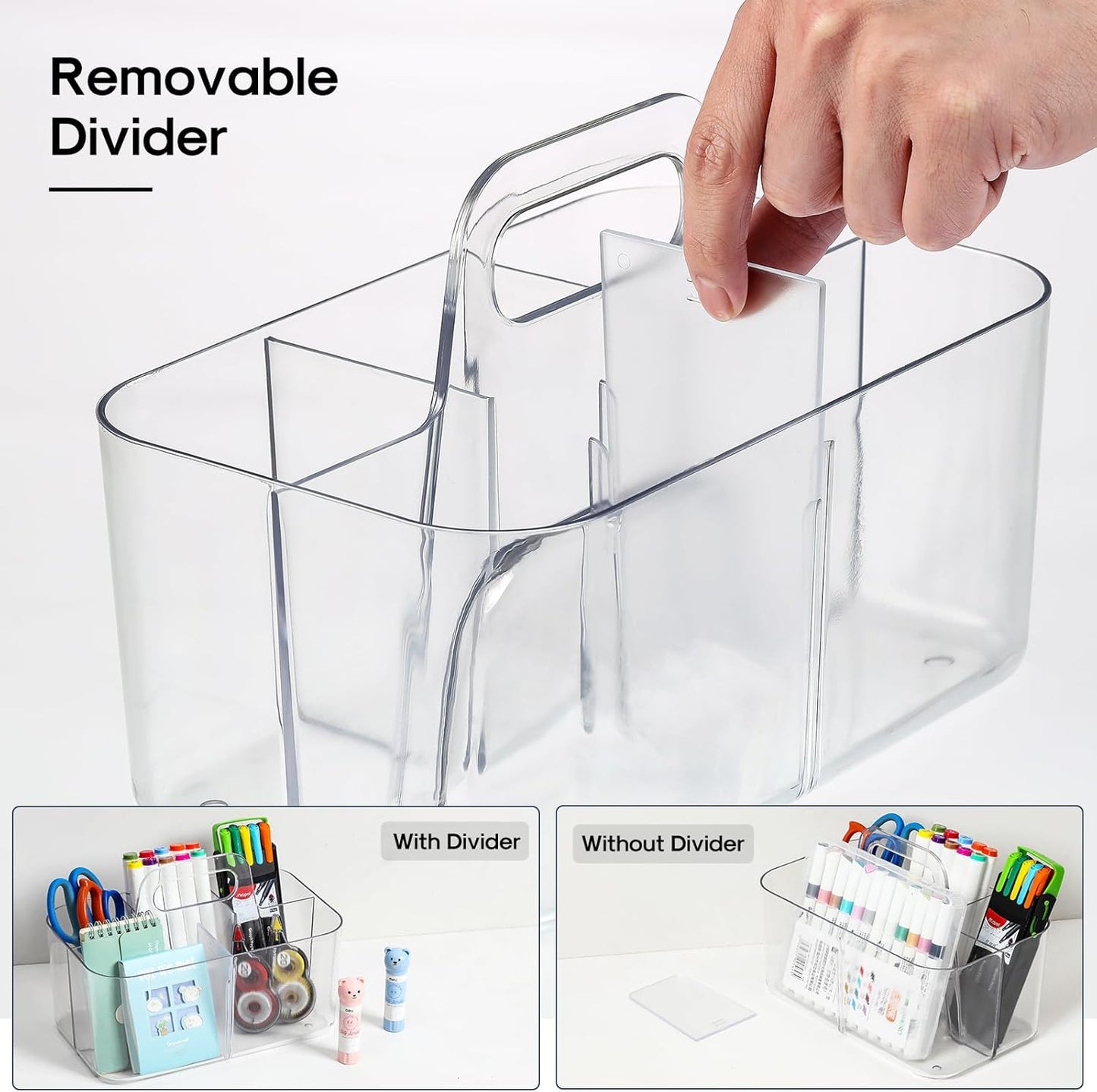 Multiuse Caddy Organizer with Handle - Stackable Plastic Tote Bin - Art Craft Supplies, Office, Desk, Stationery Pen Holder, Kitchen, Utensil, Makeup, Bathroom, Shower, Cleaning, Dorm Organizer -Clear