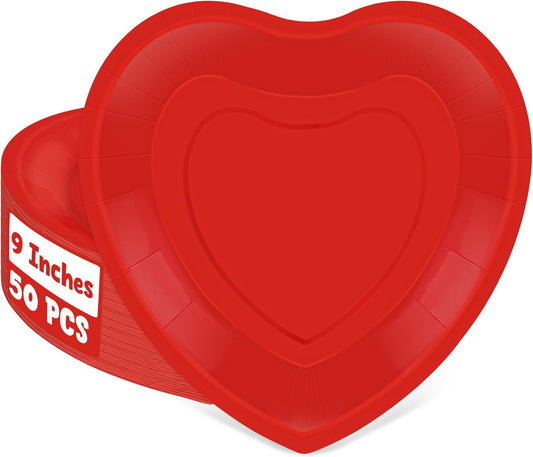 50 PCS Red Paper Plates, 9-Inch Red Heart Plates, Disposable Heart Shaped Paper Plates, Birthday Party Decorations Wedding Table Decor Party Supplies Red Party Decor