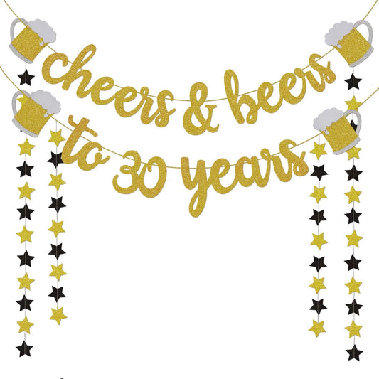 Cheers & Beers to 30 Years Gold Glitter Banner - 30Th Birthday Decorations for Him/Her - 30Th Birthday Gifts - 30 Years Anniversary Decorations - 30Th Wedding Party Supplies for Men/Women
