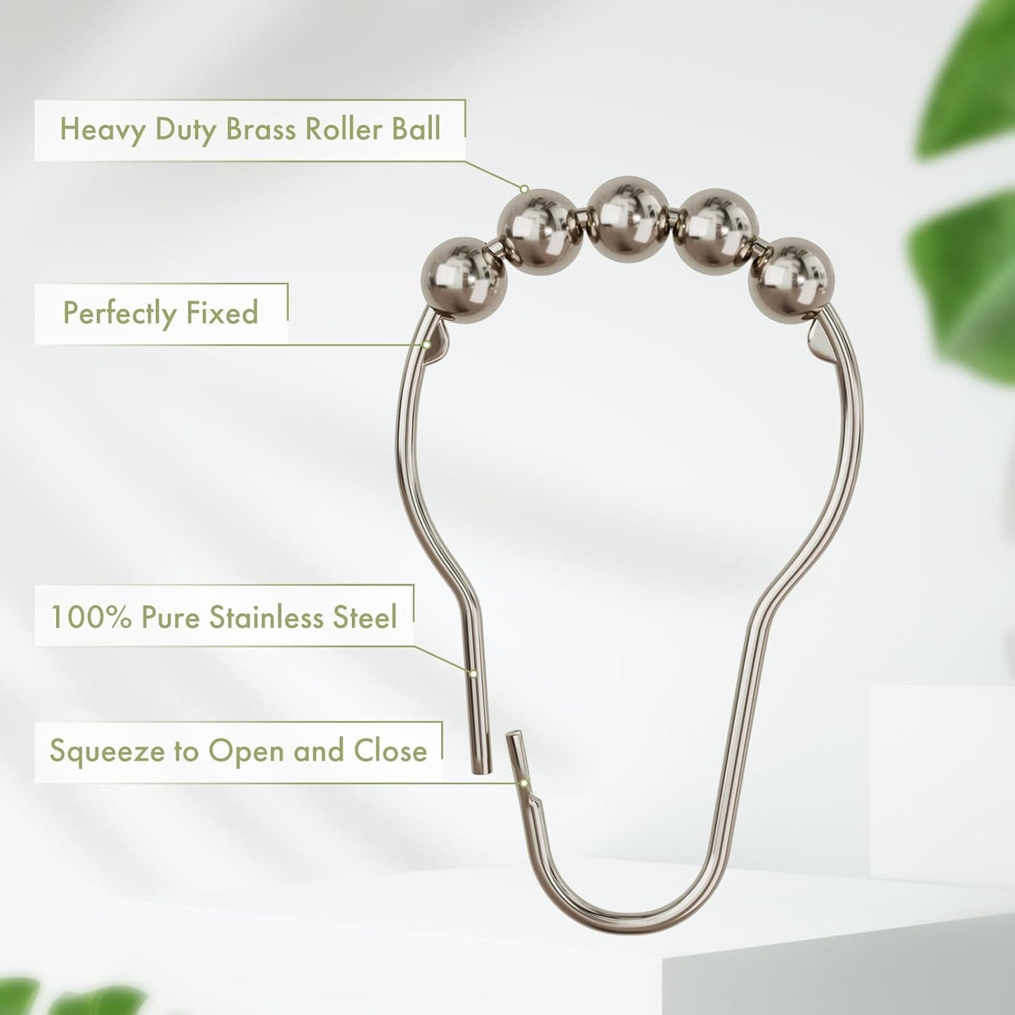 Shower Curtain Hooks, Decorative Rust Proof Stainless Steel Shower Curtain Hooks for Bathroom Shower Rods Set of 12, Polished Nickel