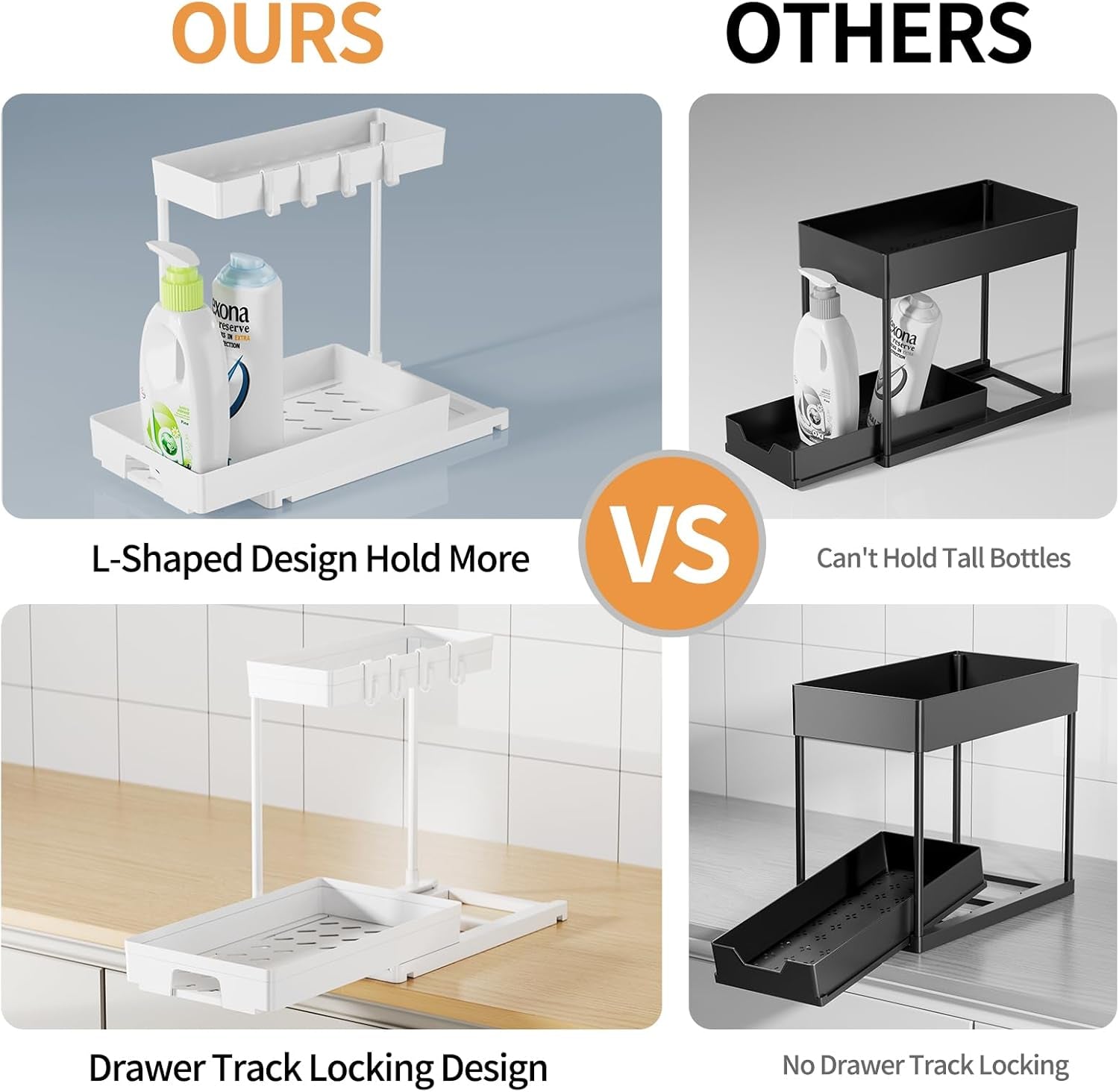 2 Pack under Sink Organizers and Storage, 2 Tier Pull Out Bathroom Cabinet Organizer, L-Shape White under Bathroom Kitchen Sink Organizer with Drawer for under Sink Storage Organizer