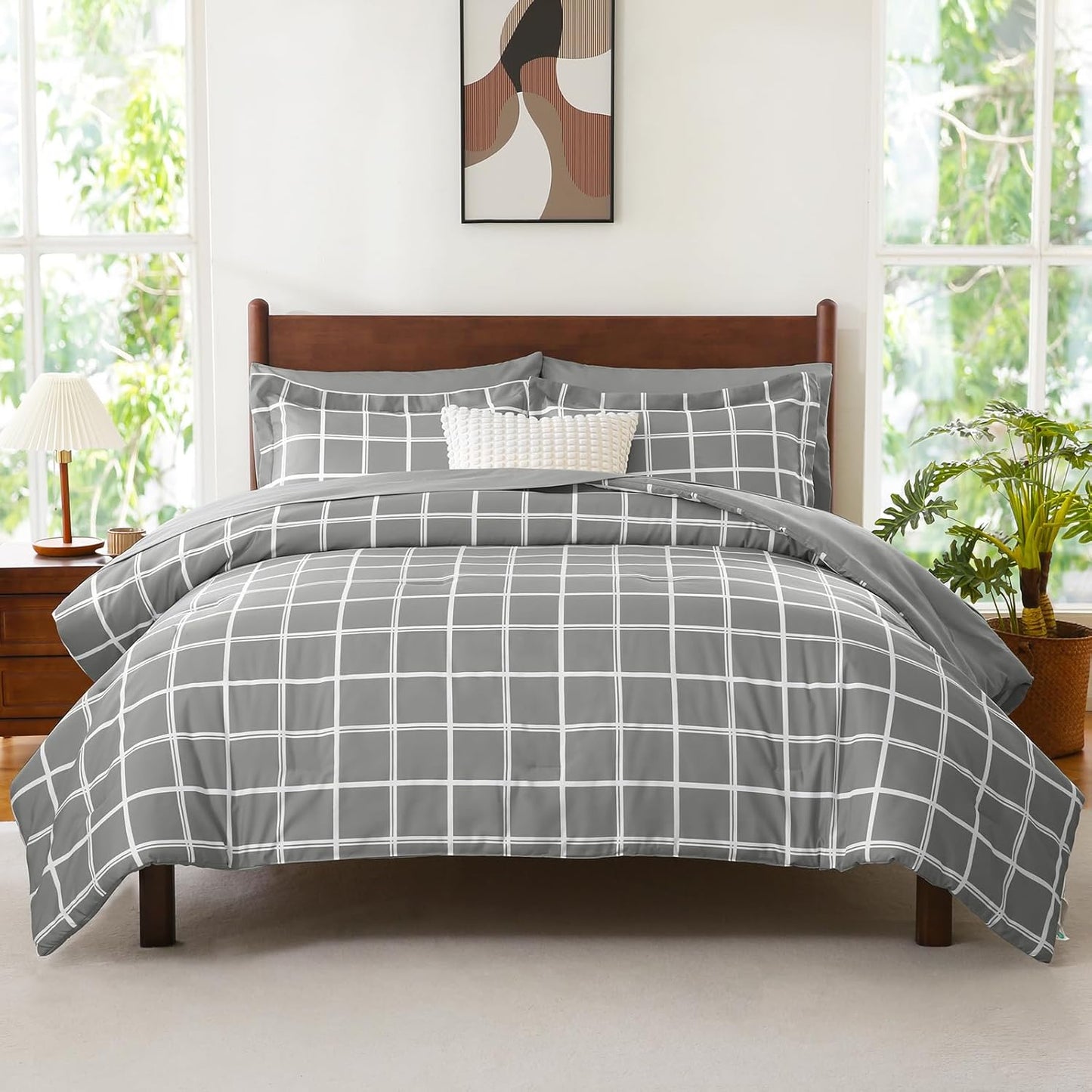 Queen Comforter Set with Sheets - 7 Pieces Plaid Bed in a Bag Set Grey, Soft Queen Bedding Sets Bed Set with All Season Quilted Comforter, Flat Sheet, Fitted Sheet, Pillowcases & Pillow Shams