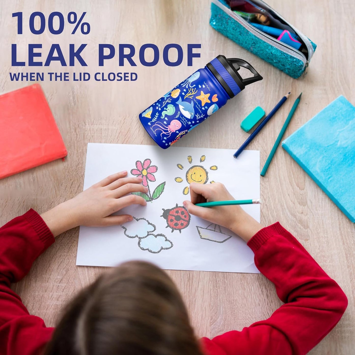 14 Oz Kids Insulated Water Bottle with Straw - Stainless Steel Double Wall Vacuum Cup, Leakproof, BPA Free, Suitable for Boys and Girls(Black - Duck in Space)