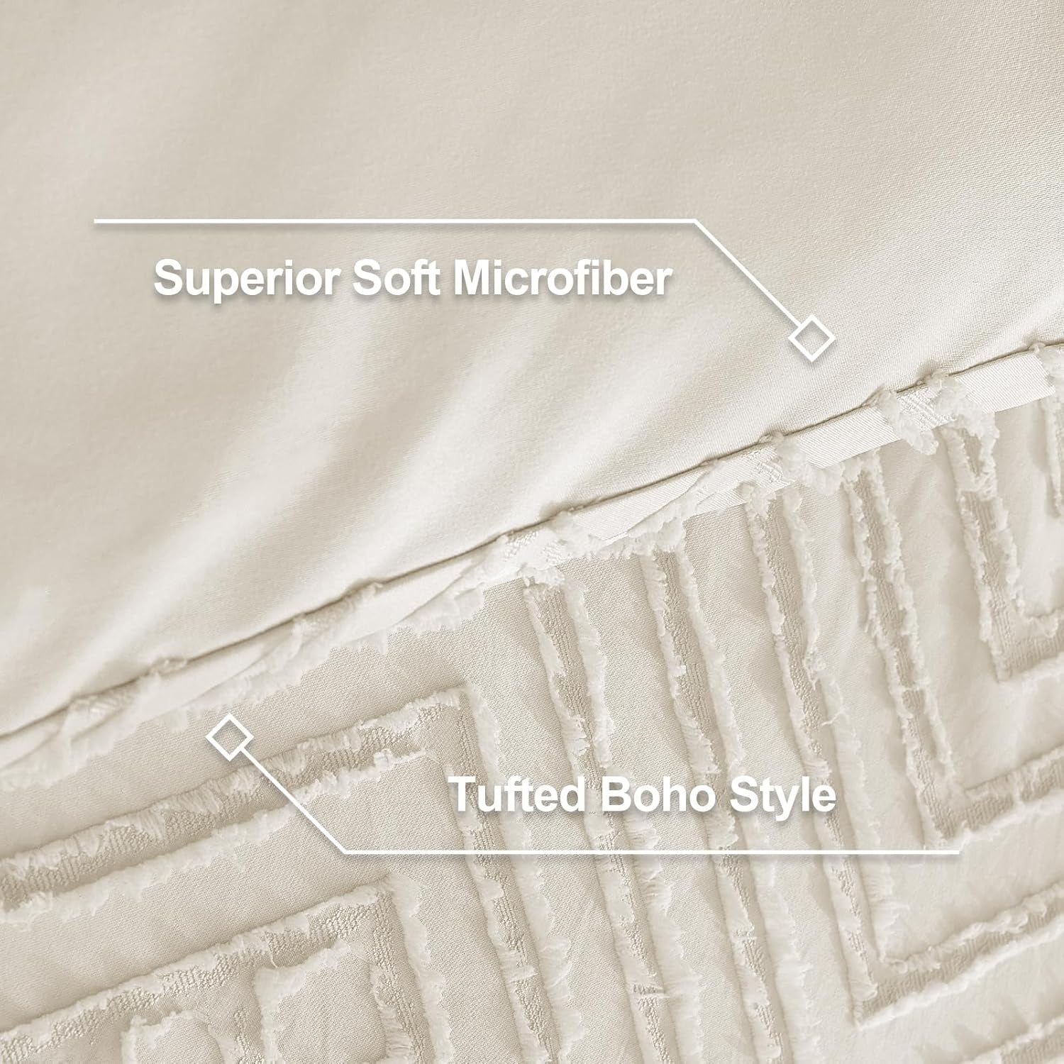 King Size Comforter Set Beige, 3 Pieces Cream Tufted Boho Farmhouse Bedding Comforter Sets, Lightweight Fluffy Comforter Bed Set for All Season (104X90In Comforter and 2 Pillowcases)