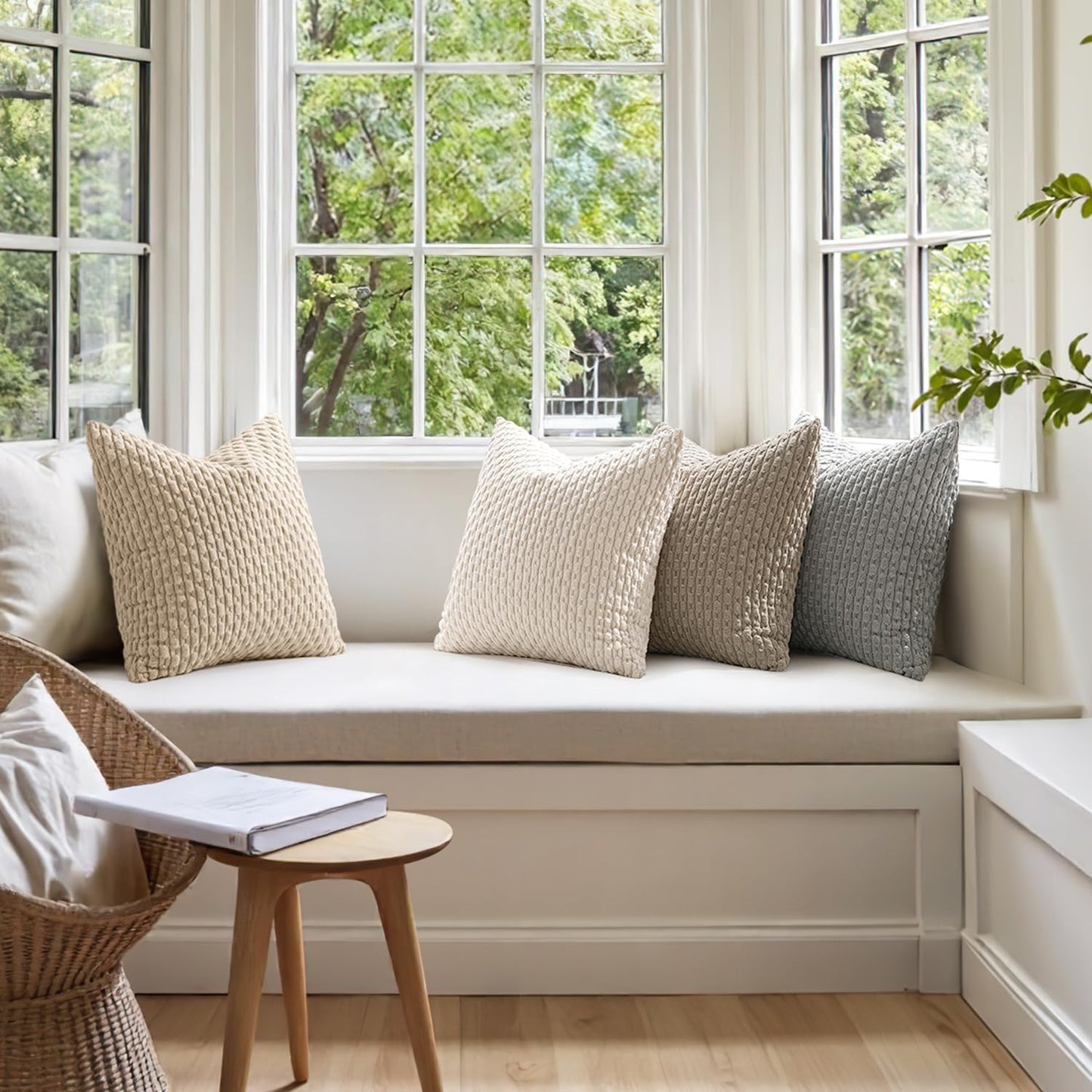 Throw Pillow Covers Soft Couch Decorative Set of 4 Boho Striped Cushion Corduroy Pillowcases Farmhouse Rustic Mid Modern Home Decor for Couch Bed Sofa Living Room 18X18 Inch Neutral Harmony