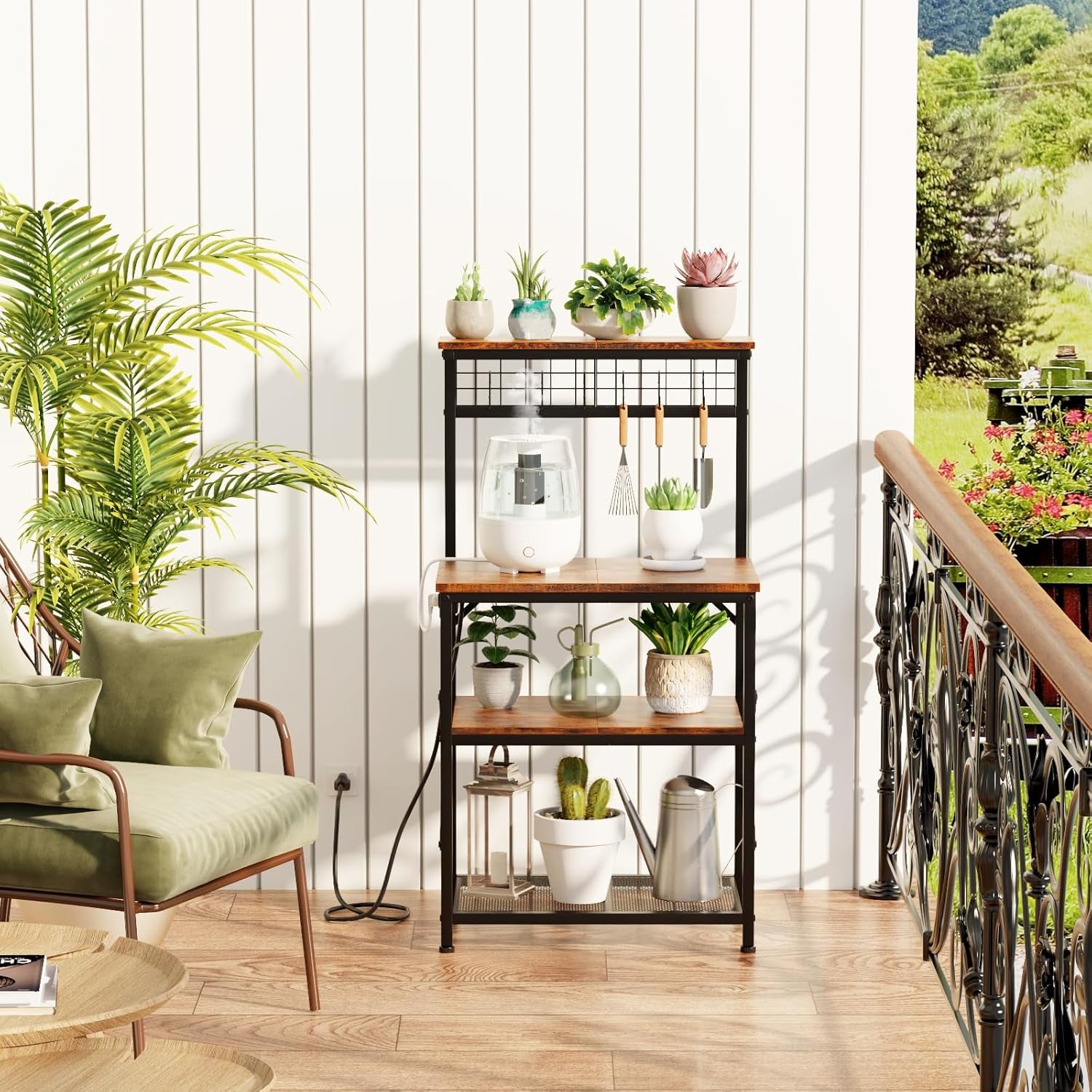 Kitchen Bakers Rack with Power Outlet, Microwave Oven Stand with Storage 4 Tiers, Coffee Bar Table with 6 S Hooks, Kitchen Storage Shelf Rack for Spices, Pots, Rustic Brown