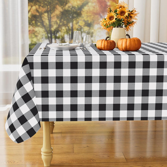 Rectangle Waterproof Vinyl Table Cloth, Buffalo Flannel Backed Tablecloth, Wipeable Plastic Table Cover for Dinner, Kitchen, Outdoor (60" X 84", Black and White)