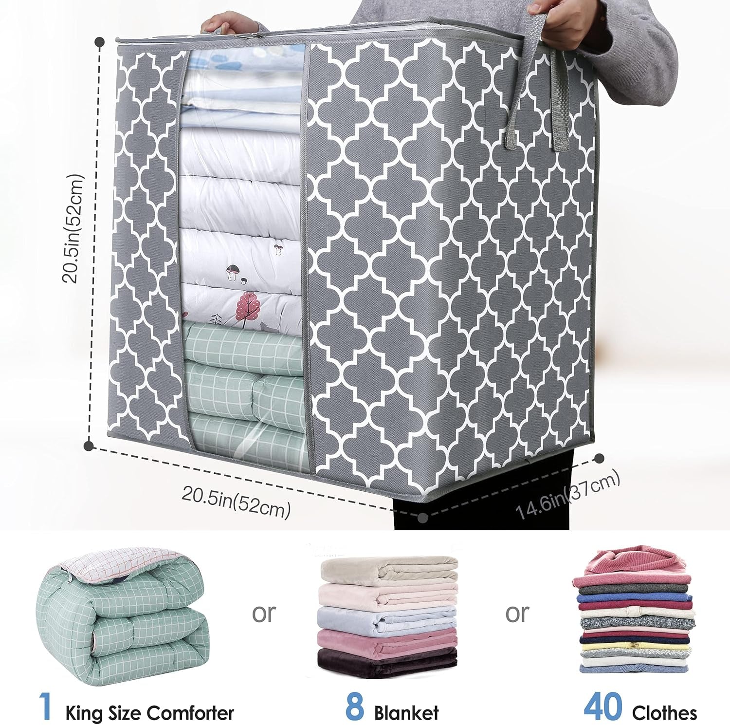 Storage Bags 2 Pack/100L Large Blanket Clothes Organization and Storage Containers for Comforters,Bedding, Foldable Organizer with Reinforced Handle, Clear Window, Sturdy Zippers,Light Gray