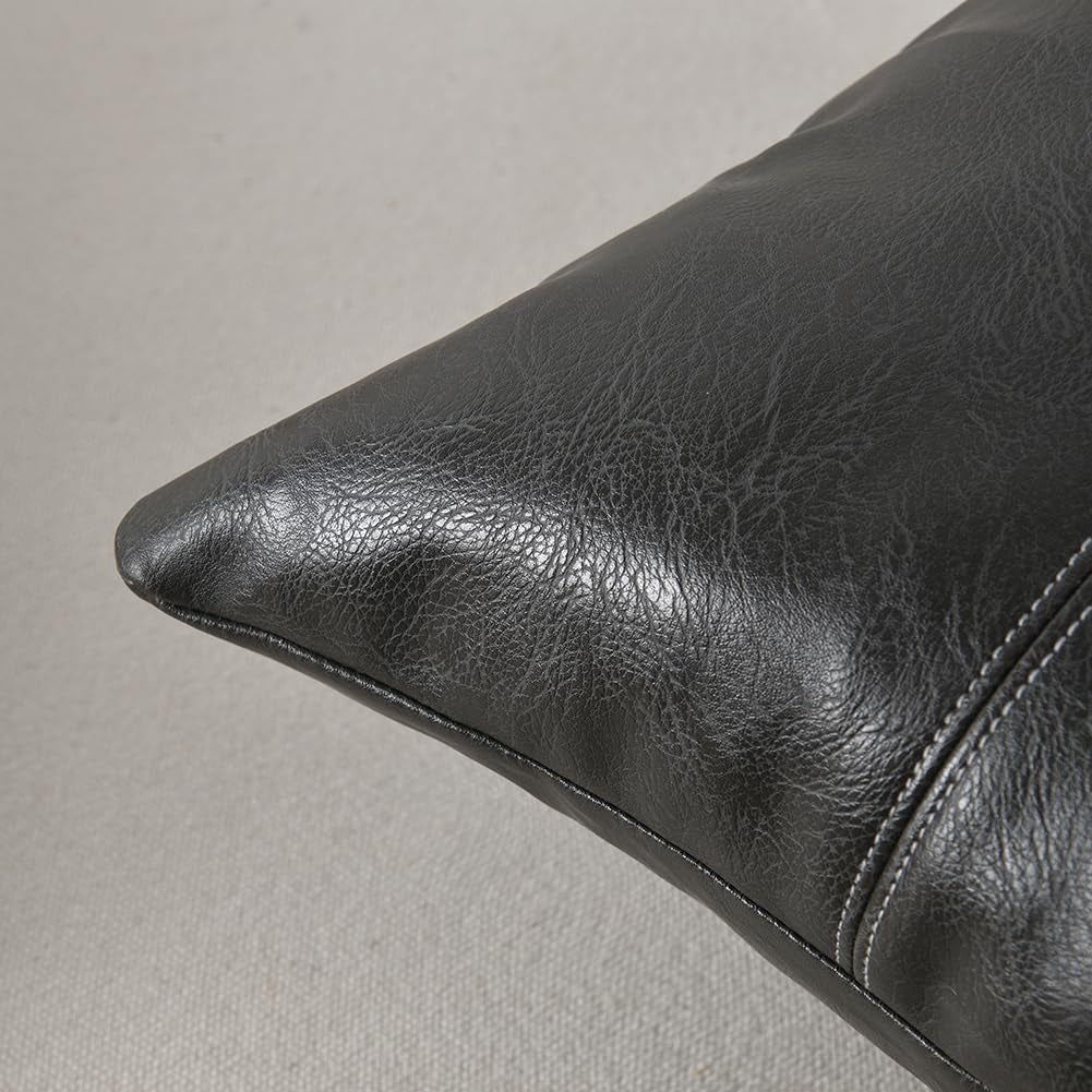 Dark Gray Lumbar Waterproof Faux Leather Decorative Throw Pillow Covers 12X20 Inch for Outdoor Couch Bed, Modern Farmhouse Boho Home Decor, Grey Hand Stitched Cushion Case 30X50 Cm