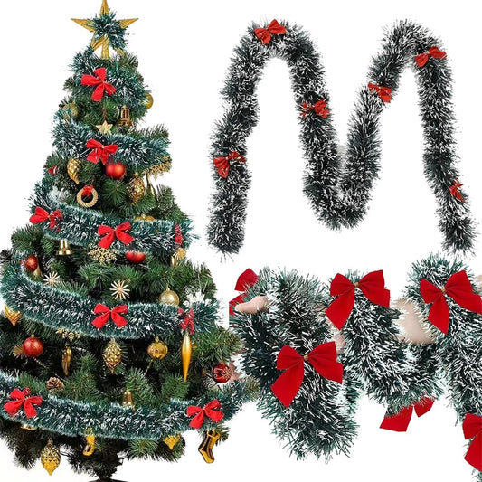5M Christmas Tinsel Garland Christmas Tree Decorations Silver Foil Tinsel Garland Metallic Hanging Garland for New Year Party Holiday (Green W/Red Bow-16Ft (No Lights))