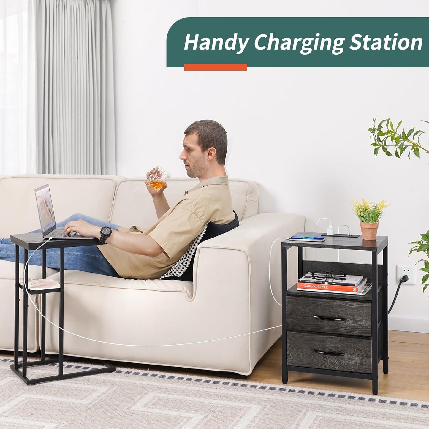 Nightstand with Charging Station, Small Night Stand with Fabric Drawers and Storage Shelf for Bedrooms, Nightstands for Small Spaces, Bedside Table with USB Ports & Outlets, Bed Side Table