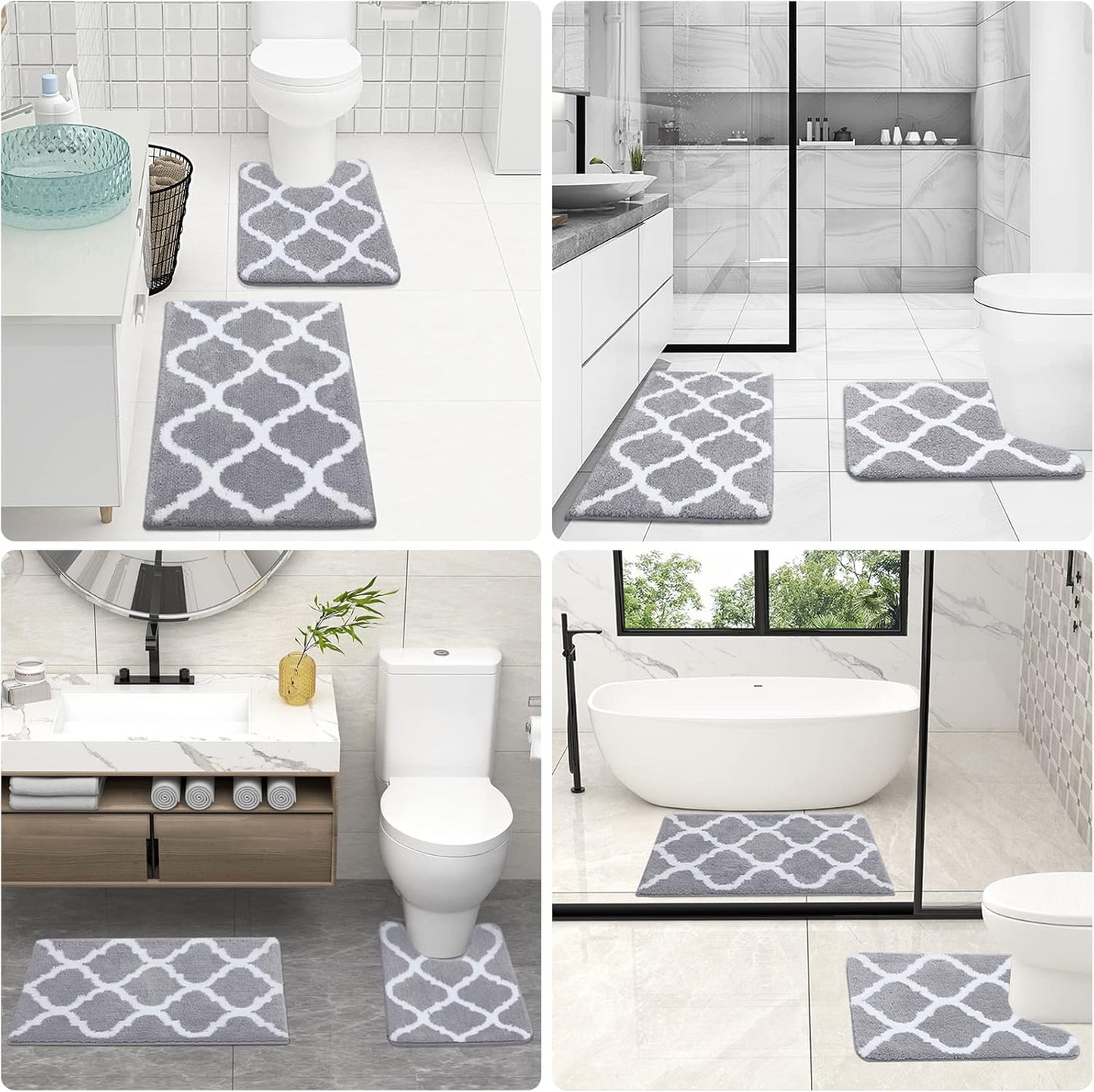 Bathroom Rugs Set 2 Piece, Microfiber Bath Shower Mat and U-Shaped Toilet Rug, Machine Wash Dry, Non-Slip Absorbent Shaggy Bath Mats for Tub, Shower and Bathroom (24"X16"+24"X20", Grey)