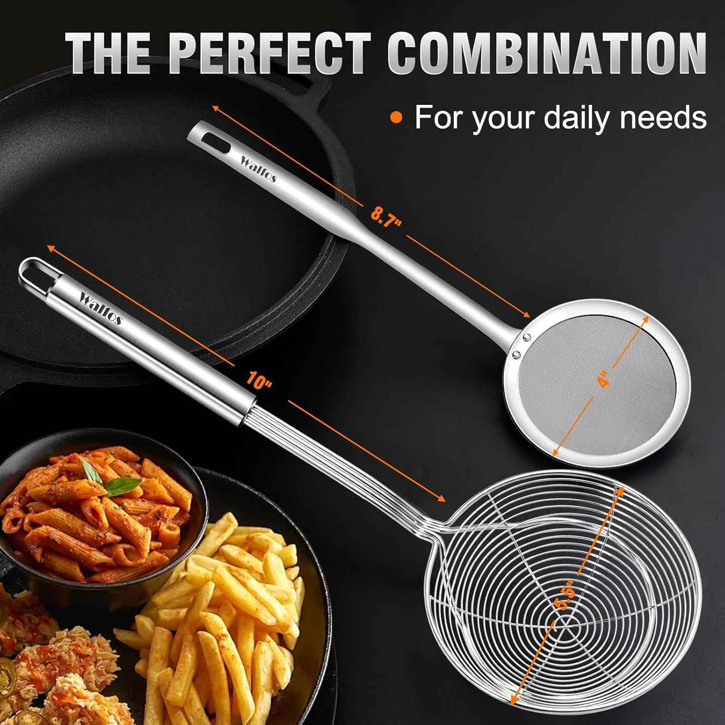 Spider Strainer, Set of 2-5.5 Inch Stainless Steel Fryer Scoop & 4 Inch Fat Skimmer Spoon, Kitchen Spider Skimmer Strainer with Handle, for Cooking Deep Fryer, Pasta, Egg,Fat