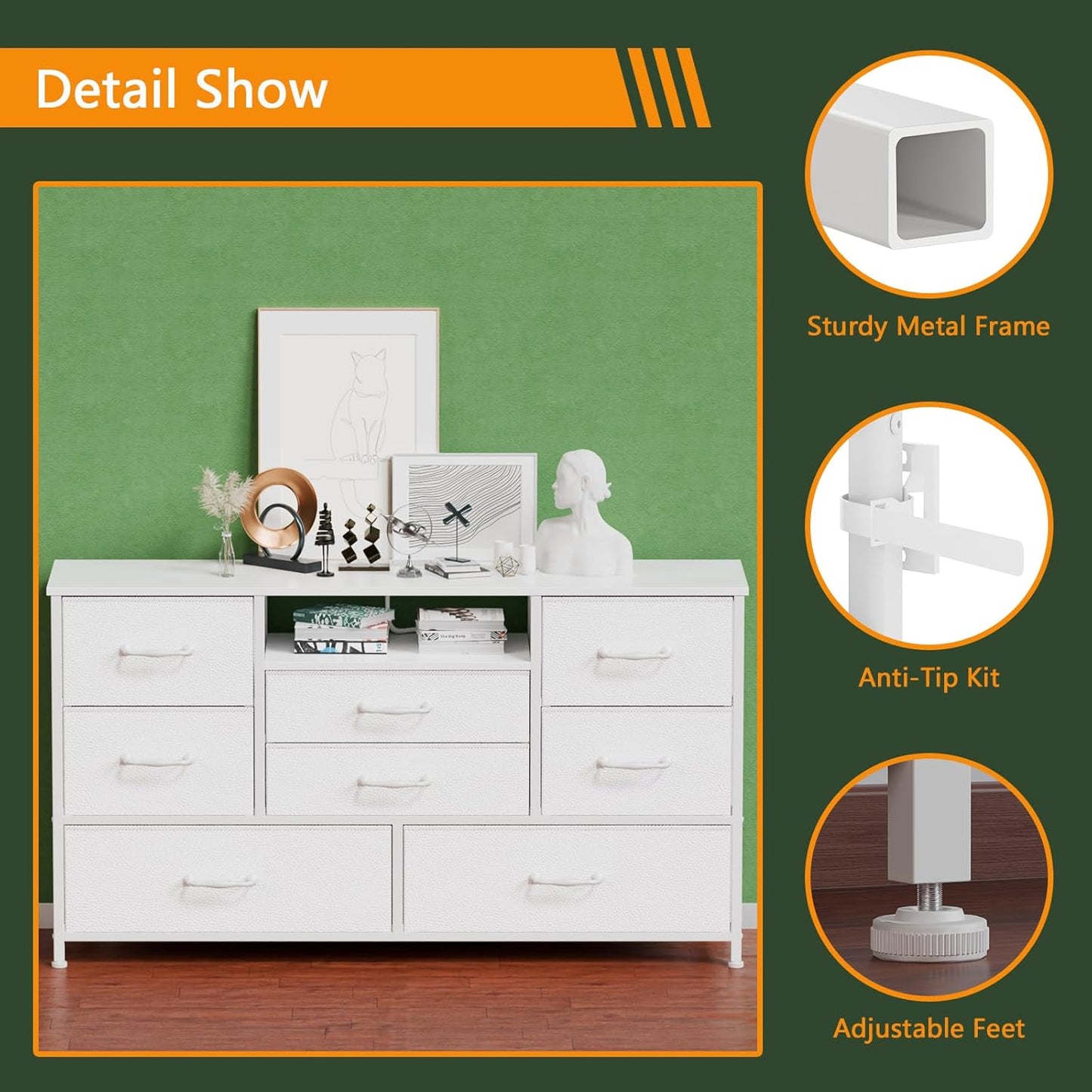 Wide Chest Dresser with Power Outlet for 55" TV Stand - 8 Deep Drawers for Storage in Bedroom, Living Room, Entryway, Hallway, and Closet (White)