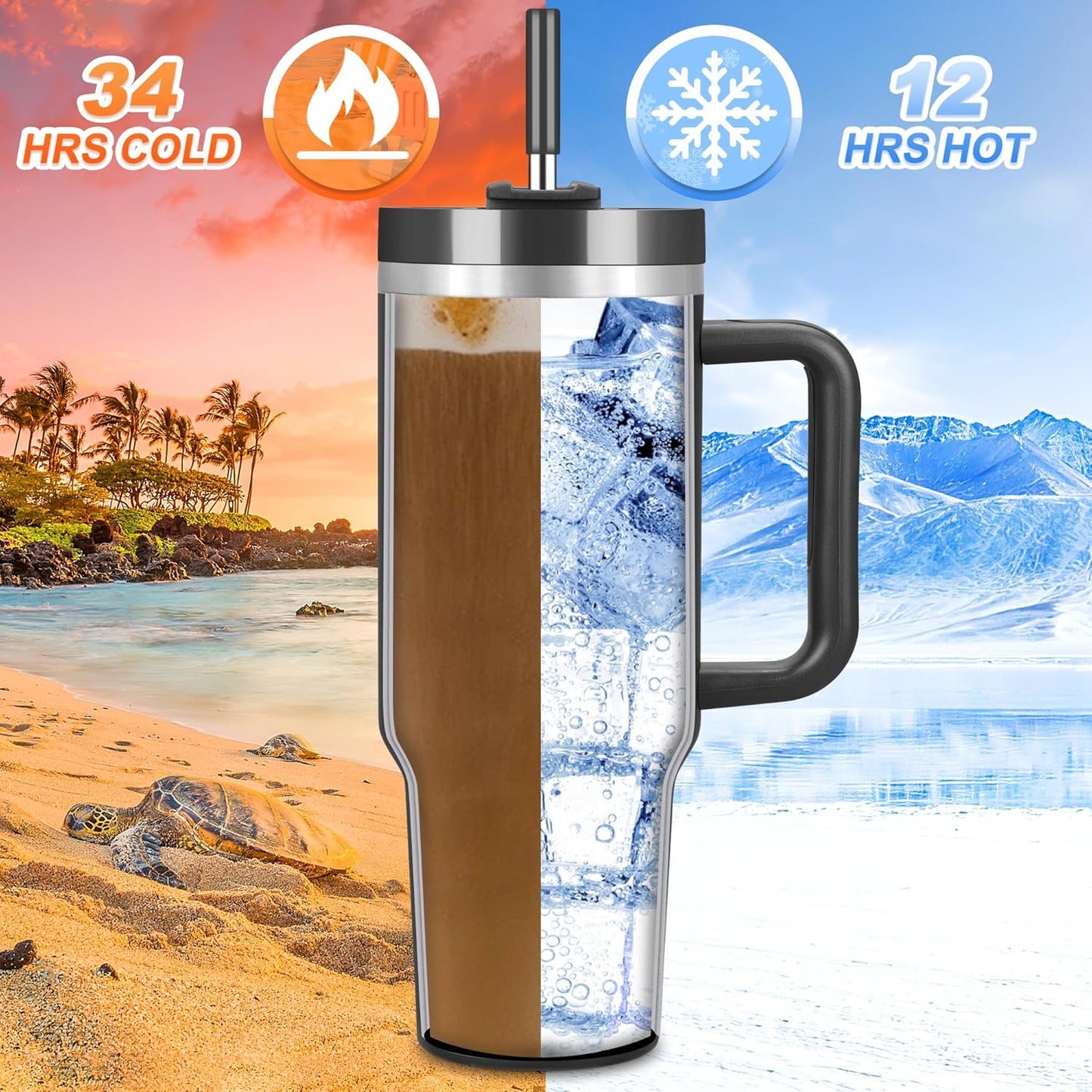 40 Oz Tumbler with Handle and Straw, 2 in 1 Lid, Vacuum Insulated Stainless Steel Double Wall Water Bottle Travel Mug - Holiday Gifts for Women Men - Black
